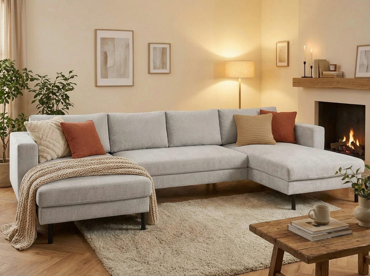 WOHNLANDSCHAFT Grau Cord  - Schwarz/Grau, MODERN, Textil/Metall (161/306/161cm) - Trendmanufaktur