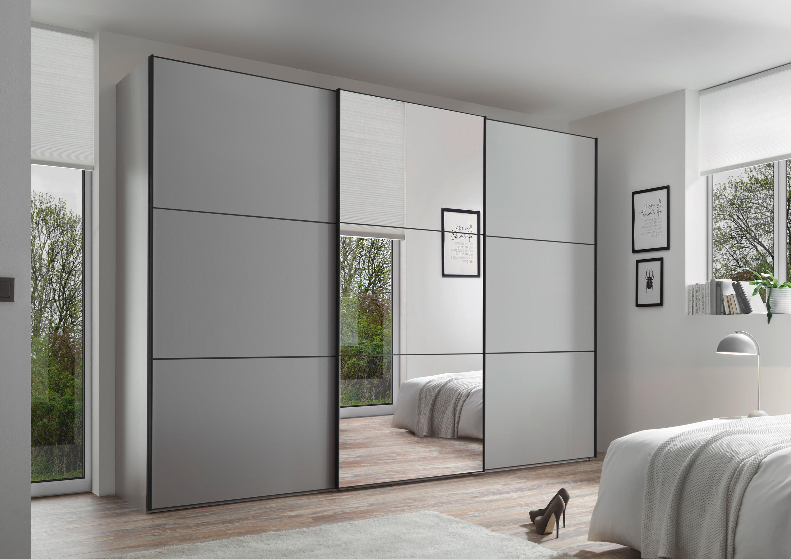 SCHWEBETÜRENSCHRANK in Grau  - Schwarz/Grau, Holzwerkstoff/Metall (249/222/68cm) - Moderano