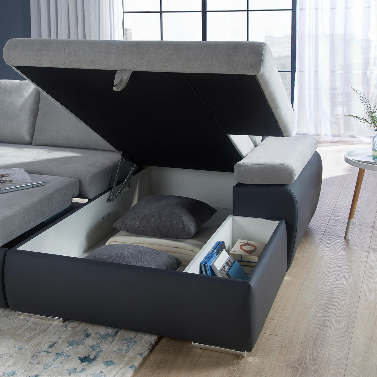 ECKSOFA Grau, Dunkelgrau Flachgewebe  - Dunkelgrau/Grau, Design, Kunststoff/Textil (271/175cm) - MID.YOU