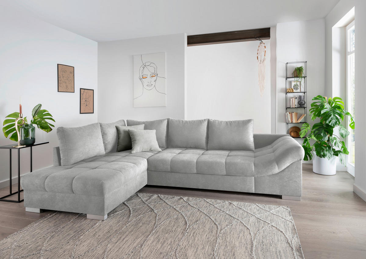 ECKSCHLAFSOFA in Mikrofaser Silberfarben  - Silberfarben, Design, Holz/Textil (202/298cm) - MID.YOU