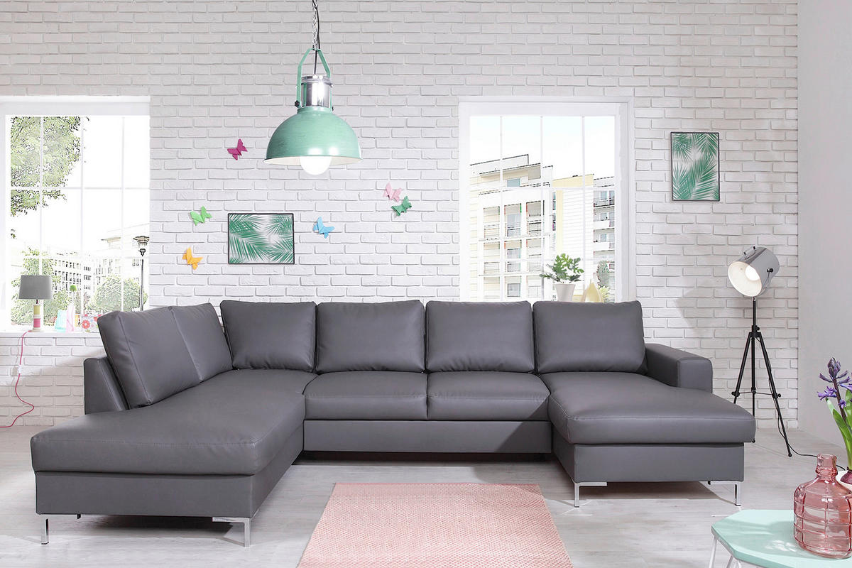 WOHNLANDSCHAFT in Lederlook Grau  - Silberfarben/Schwarz, Design, Leder/Metall (197/303/148cm) - MID.YOU