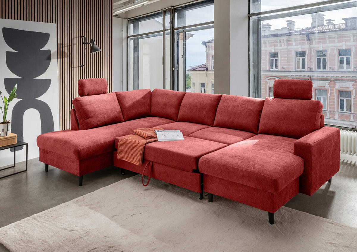 WOHNLANDSCHAFT in Chenille Rot  - Rot/Schwarz, Modern, Holz/Textil (200/305/153cm) - Livetastic