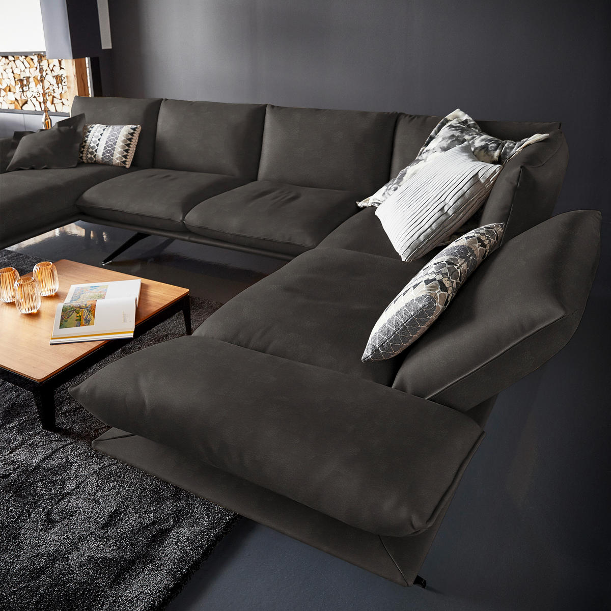 WOHNLANDSCHAFT in Echtleder Graubraun  - Graubraun/Schwarz, Natur, Leder/Metall (155/359/217cm) - Dieter Knoll