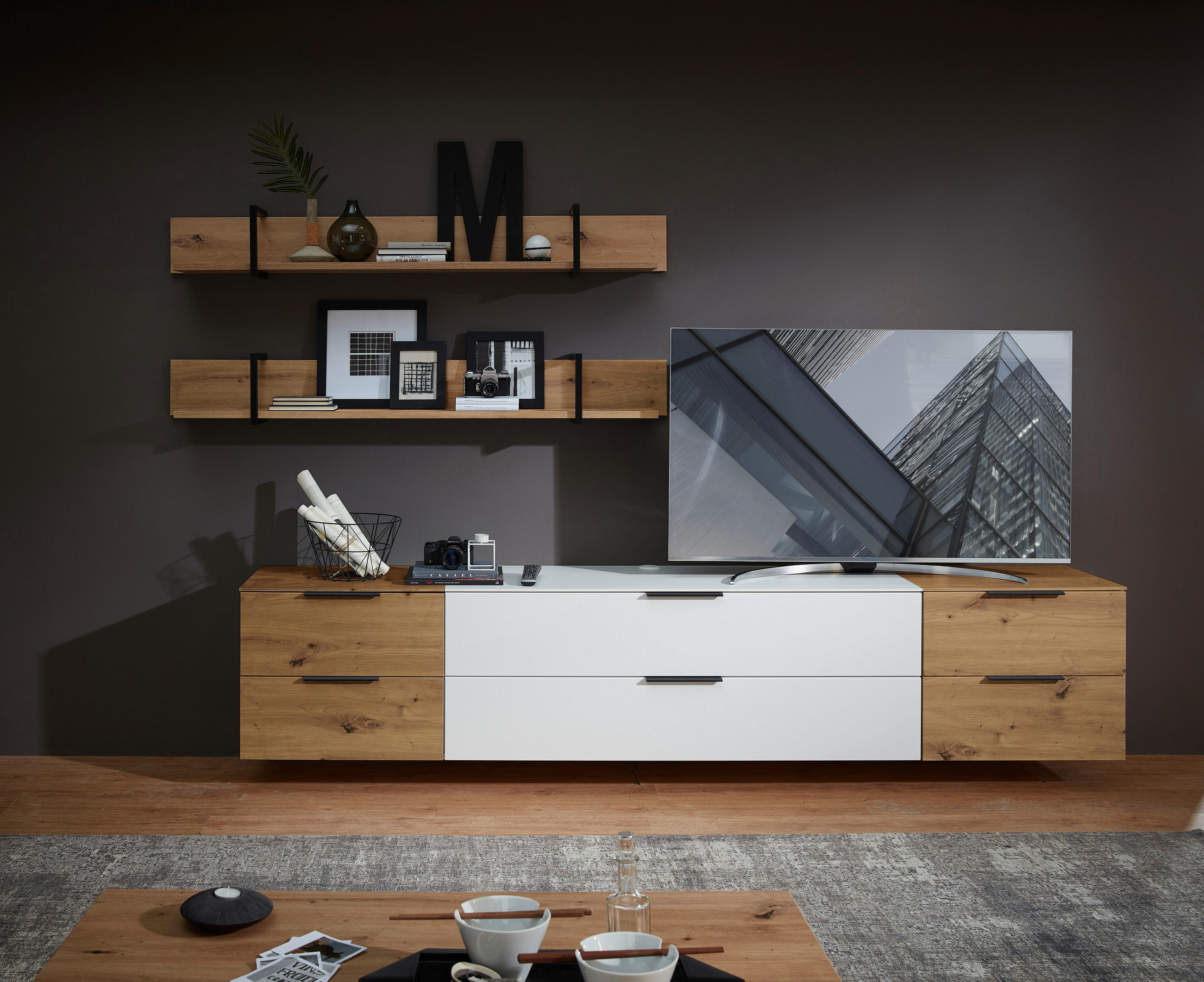 ANSAMBLU MOBILIER CAMERA DE Z in alb, culoare lemn stejar  - alb/culoare lemn stejar, Modern, metal/material pe bază de lemn (290/172/44cm) - Livetastic