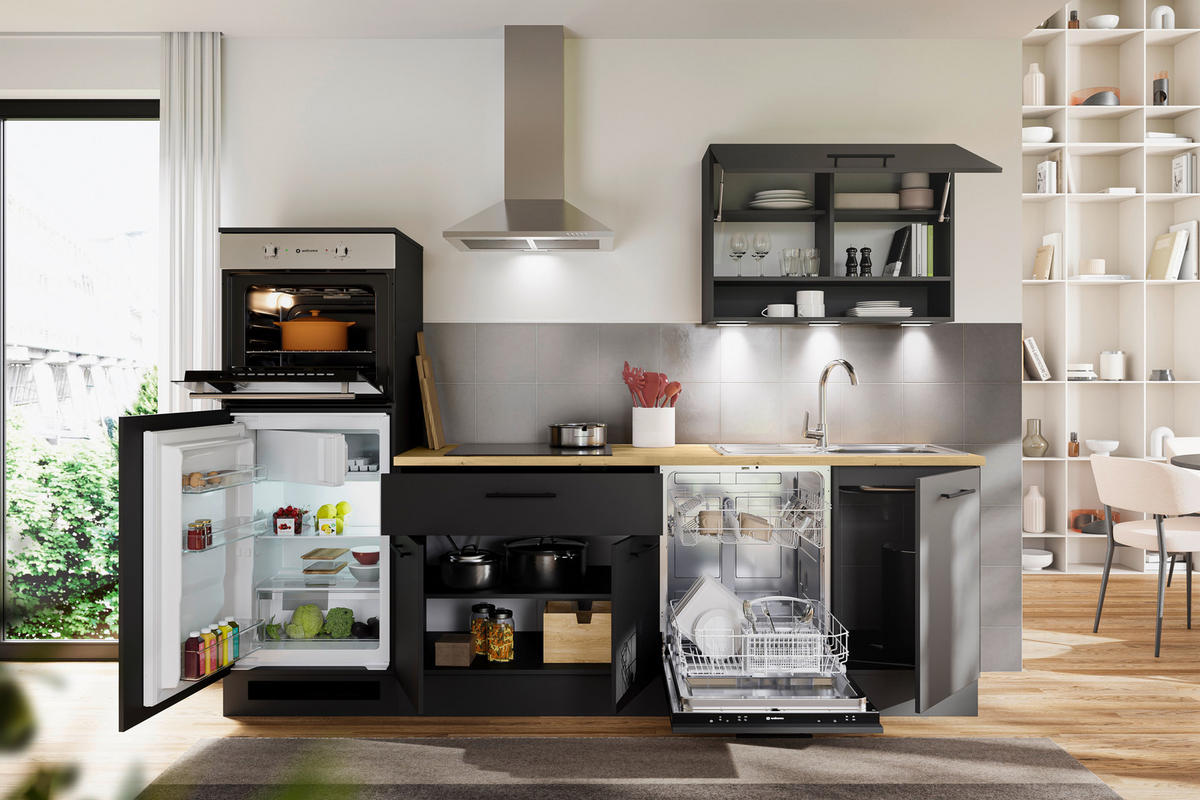 KÜCHENBLOCK 260 cm   in Schwarz, Eiche Artisan  - Schwarz/Eiche Artisan, Design, Holzwerkstoff/Metall (260cm) - MID.YOU