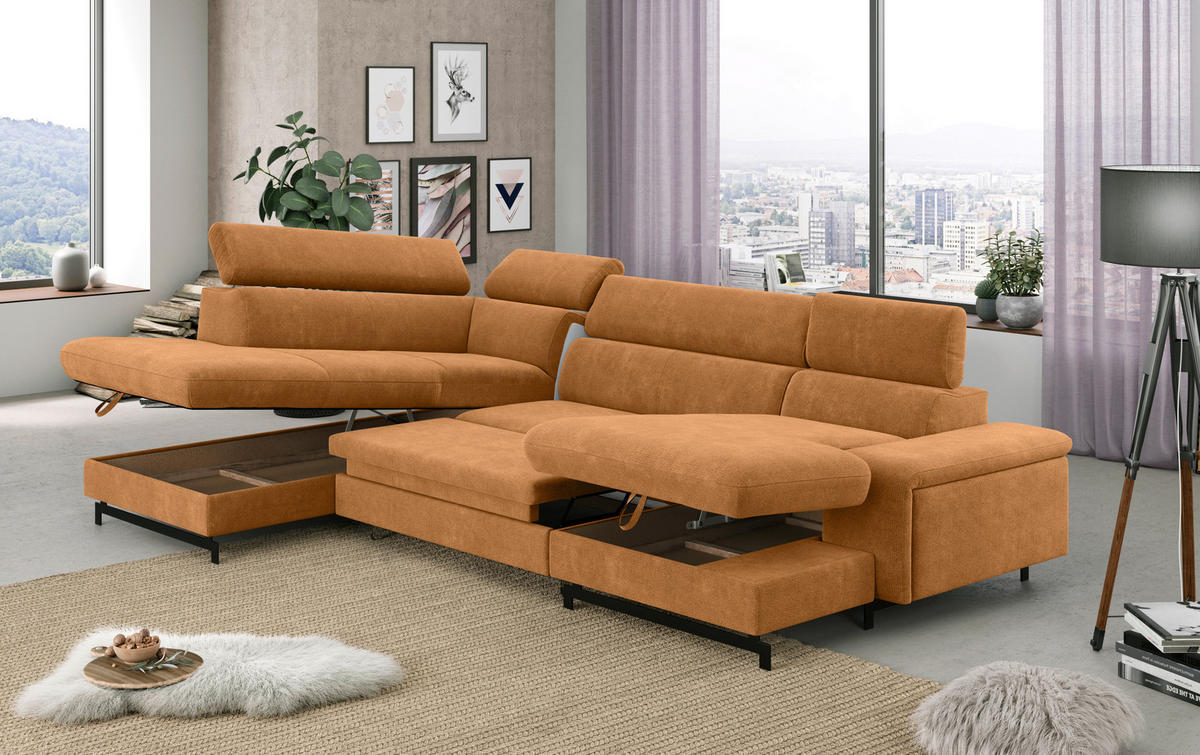 WOHNLANDSCHAFT in Chenille Cognac  - Cognac/Schwarz, Textil/Metall (215/328/165cm) - MID.YOU