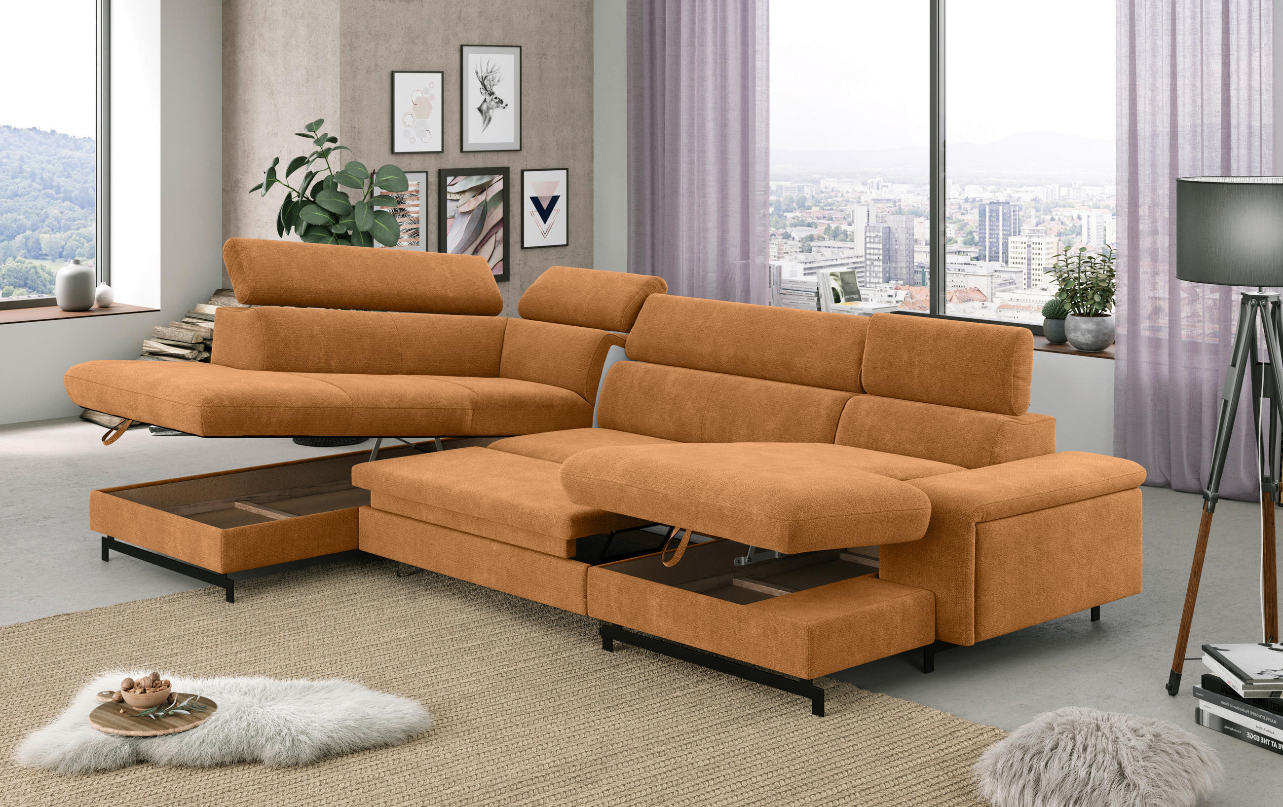 Thumbnail - Mid.you Wohnlandschaft, Cognac, Textil, 6-Sitzer, Ottomane links, U-Form, 328x215 cm, Typenauswahl, Bettkasten erhältlic...