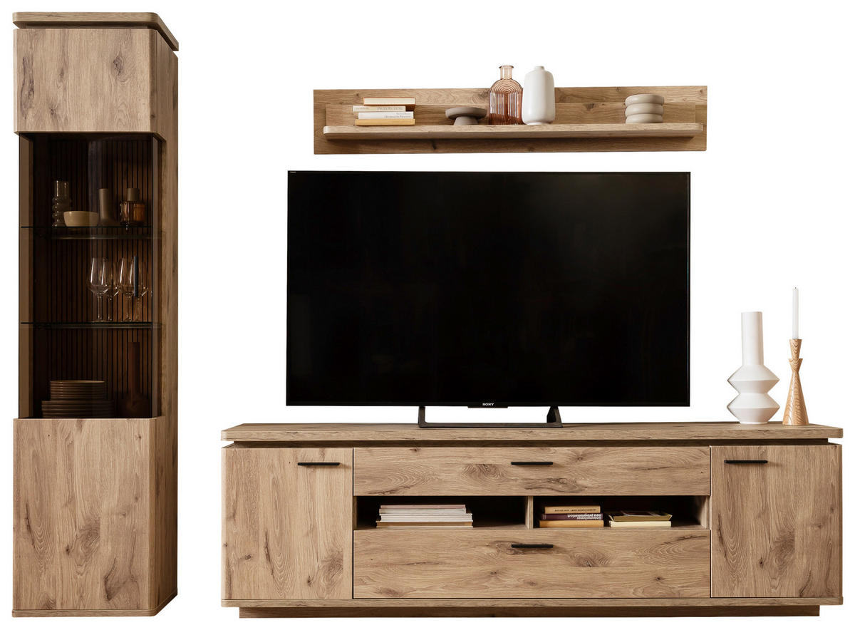 WOHNWAND 3-teilig  in Eichefarben  270/208/50 cm  - Eichefarben/Anthrazit, KONVENTIONELL, Glas/Holzwerkstoff (270/208/50cm) - Cantus