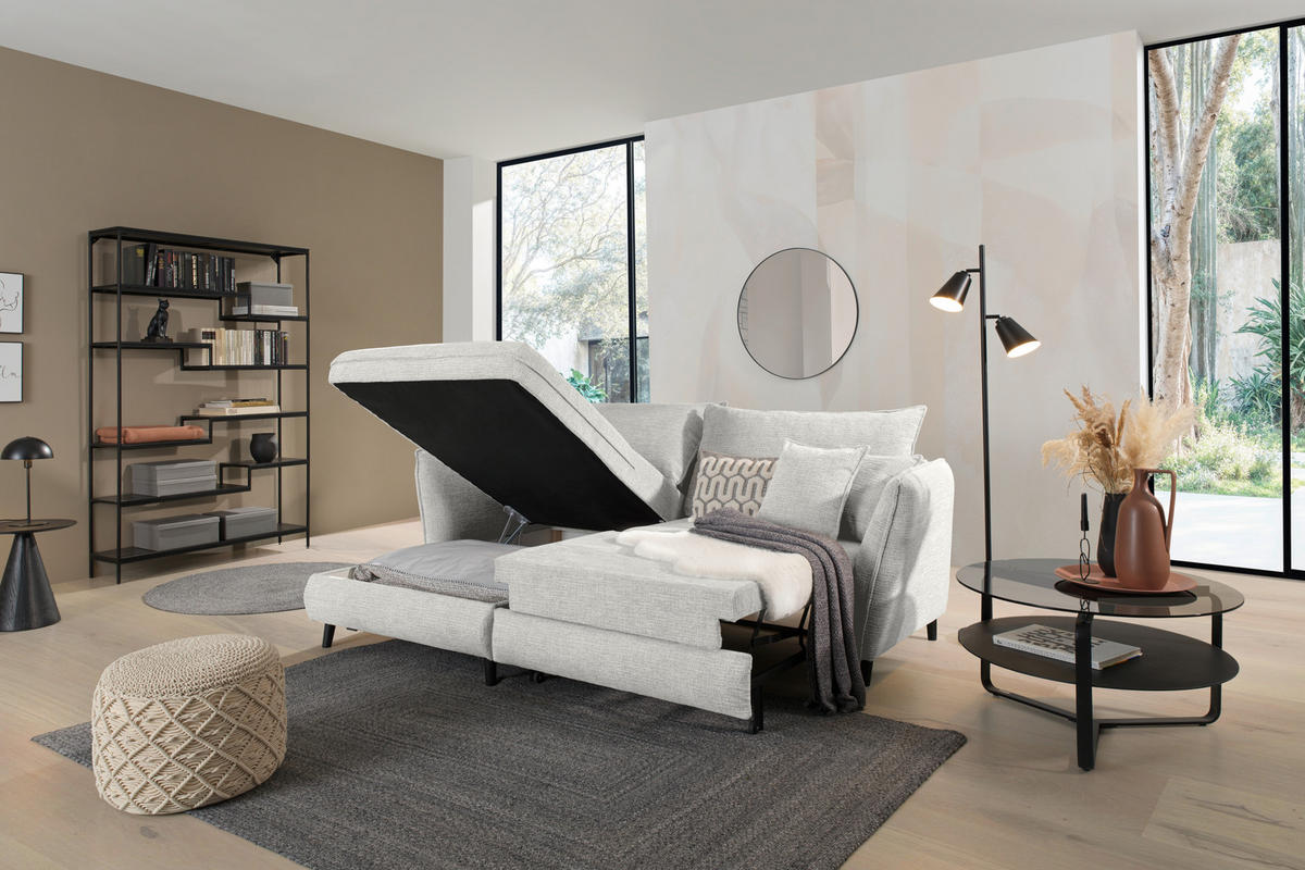 ECKSOFA inkl. Funktionen Hellgrau Struktur  - Hellgrau/Schwarz, Design, Holz/Textil (245/161cm) - Stylife