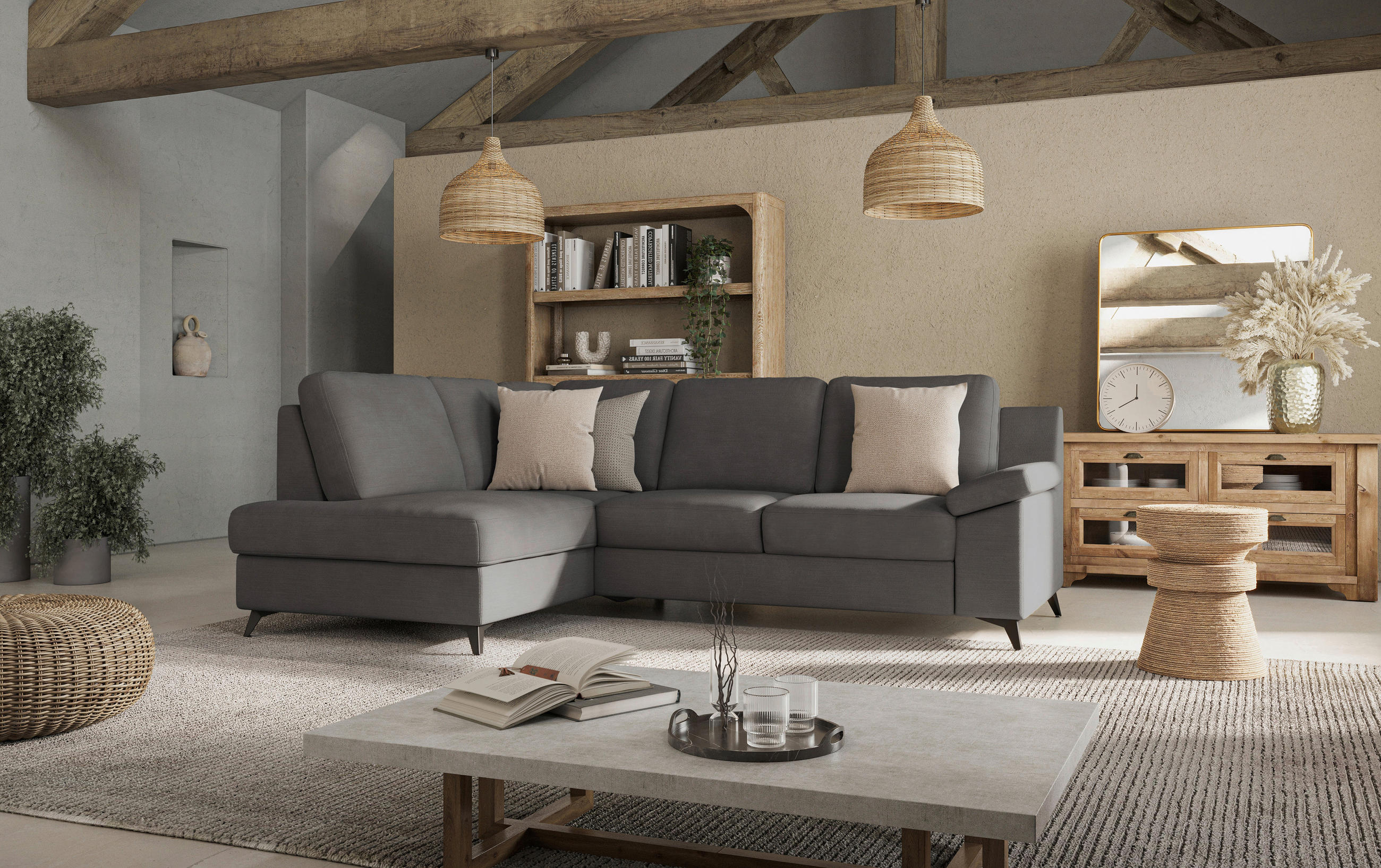 ECKSOFA in Flachgewebe Dunkelgrau - Dunkelgrau/Schwarz, Konventionell, Textil/Metall (170/242cm) - Cotta