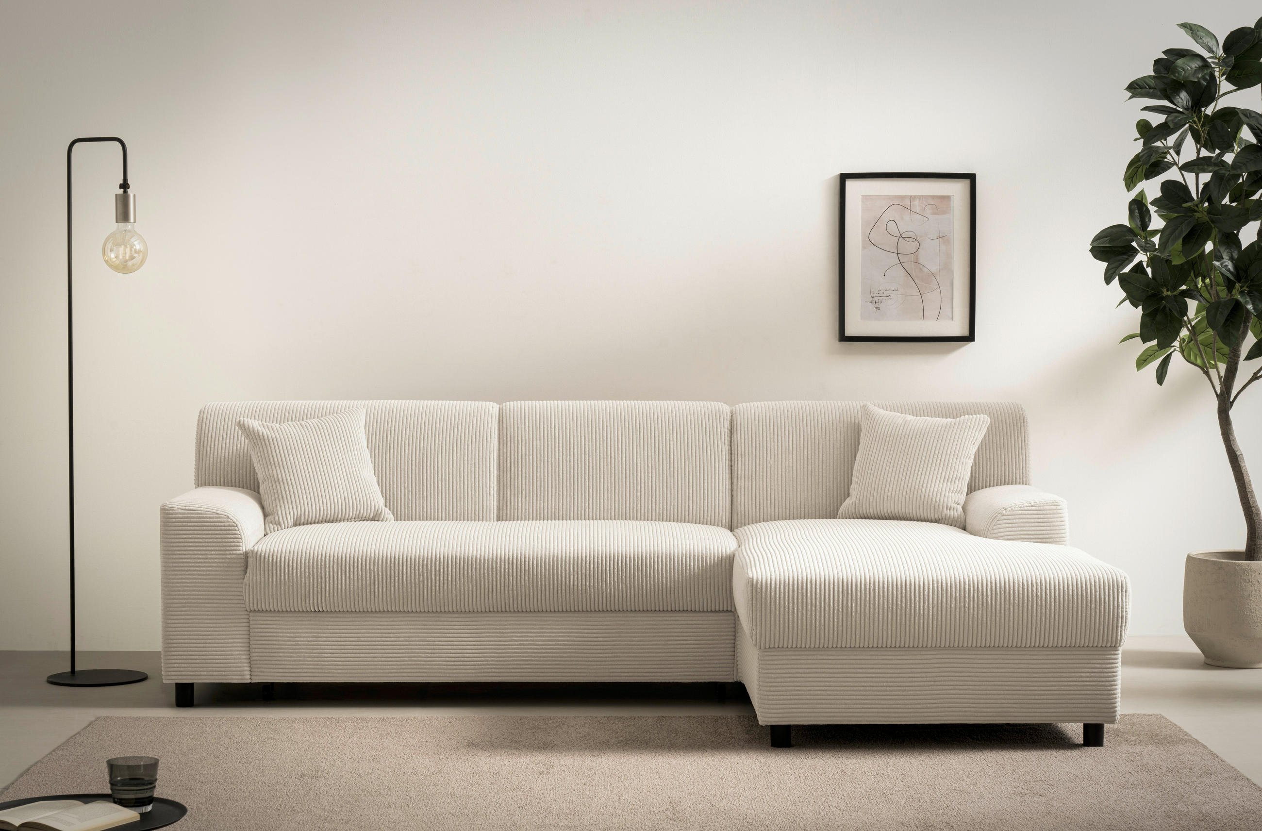ECKSCHLAFSOFA  CAPRI 2 Creme Cord  - Creme/Schwarz, Basics, Kunststoff/Textil (241/146cm) - MID.YOU