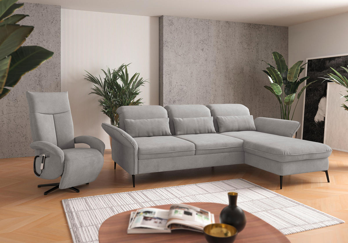 ECKSOFA in Flachgewebe Silberfarben  - Silberfarben/Schwarz, Konventionell, Textil/Metall (264/198cm) - Sit & More
