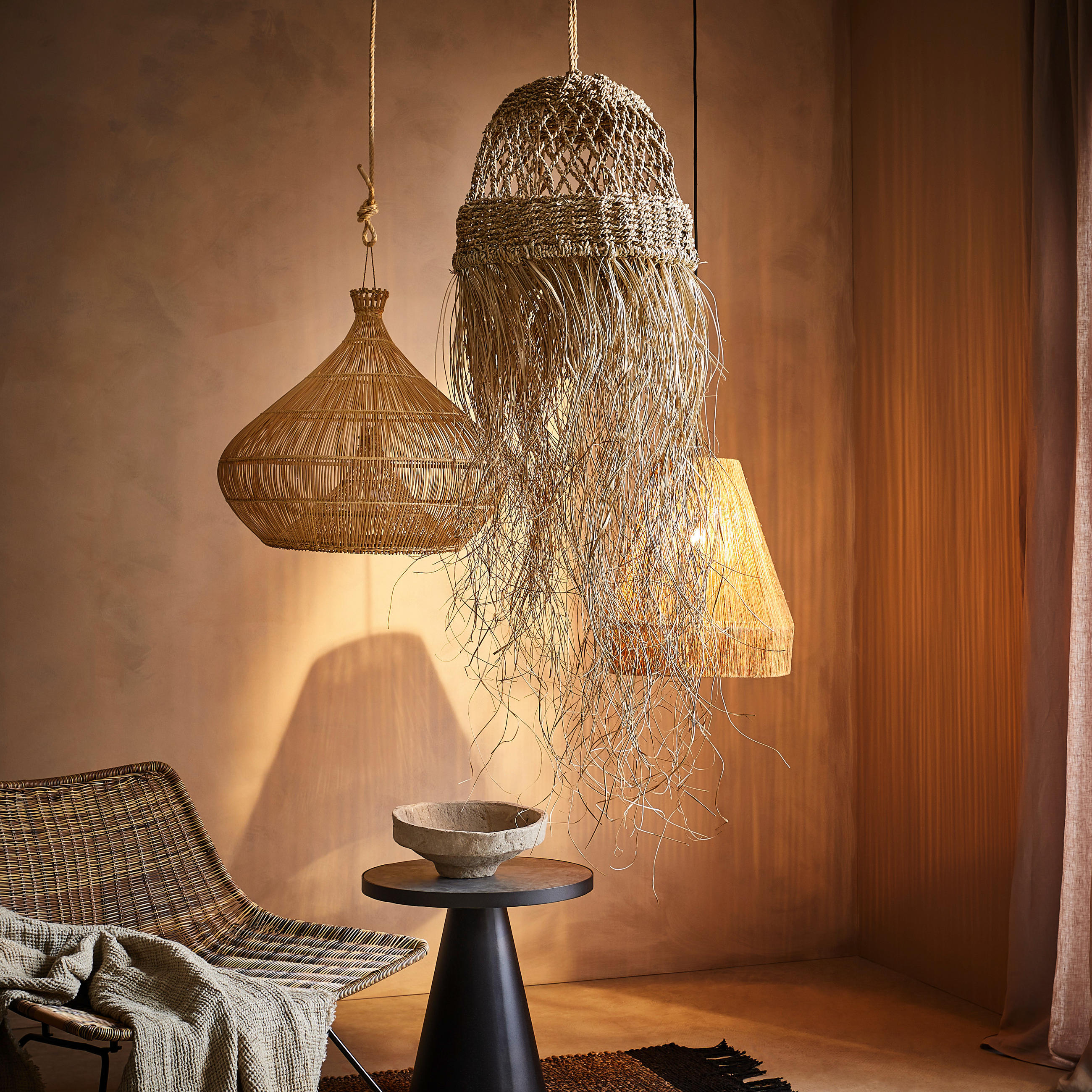 Thumbnail - Good & Mojo Hängeleuchte Good&Mojo, Schwarz, Hellbraun, Kunststoff, Naturmaterialien, 47 cm, höhenverstellbar, Lampen & ...