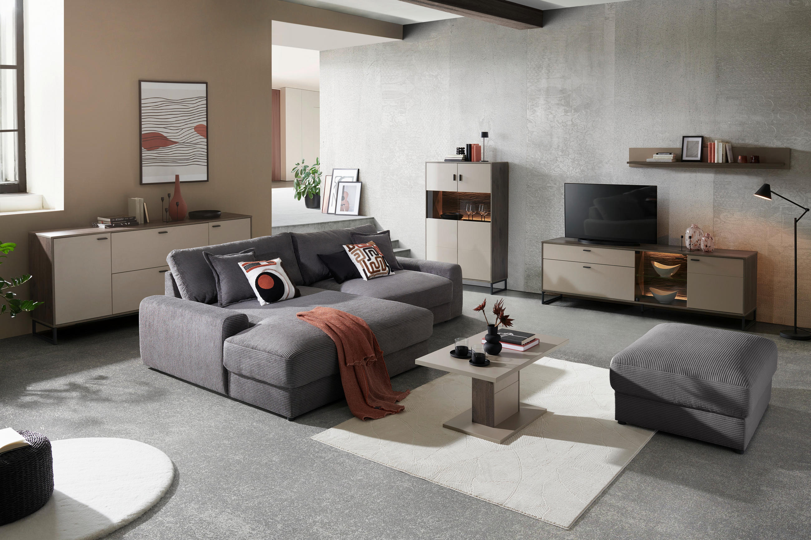 ECKSOFA Dunkelgrau Cord  - Dunkelgrau/Schwarz, MODERN, Kunststoff/Textil (180/300cm) - Carryhome