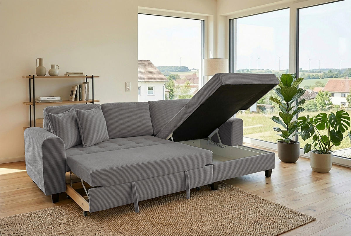 ECKSOFA MORITZ Grau Cord Zierkissen, Bettkasten  - Grau, Trend, Textil (265/155cm) - P & B