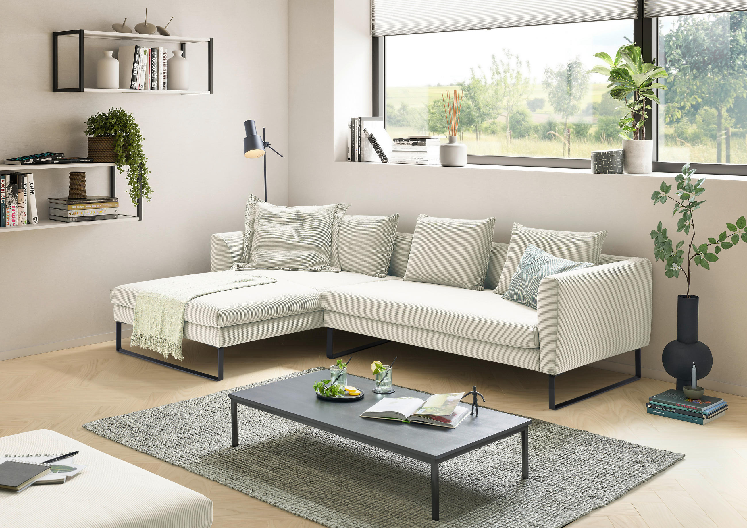 ECKSOFA in Cord Weiss  - Weiss/Schwarz, Konventionell, Textil/Metall (178/284cm) - Hom`in