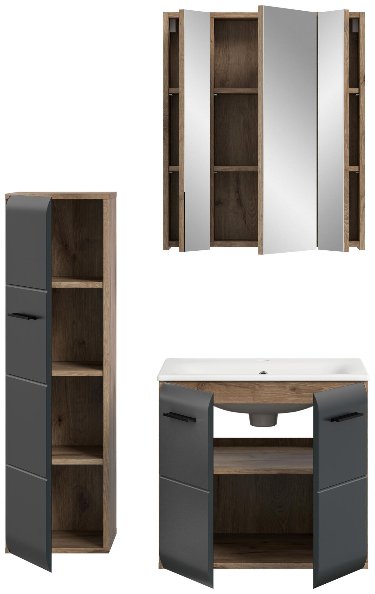 BADEZIMMER 3-teilig  in 90 cm  - Eiche dunkel/Schwarz, Basics, Keramik/Holzwerkstoff (90cm) - MID.YOU