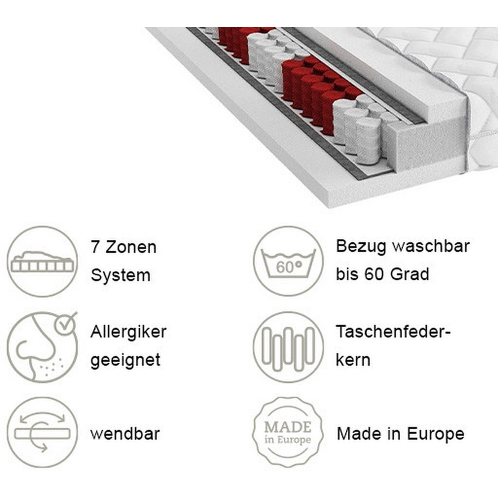 Thumbnail - Xora Taschenfederkernmatratze, Weiß, Textil, H3, 200x200 cm, Bezug abnehmbar/waschbar, wendbar, atmungsaktiv, alternativ...