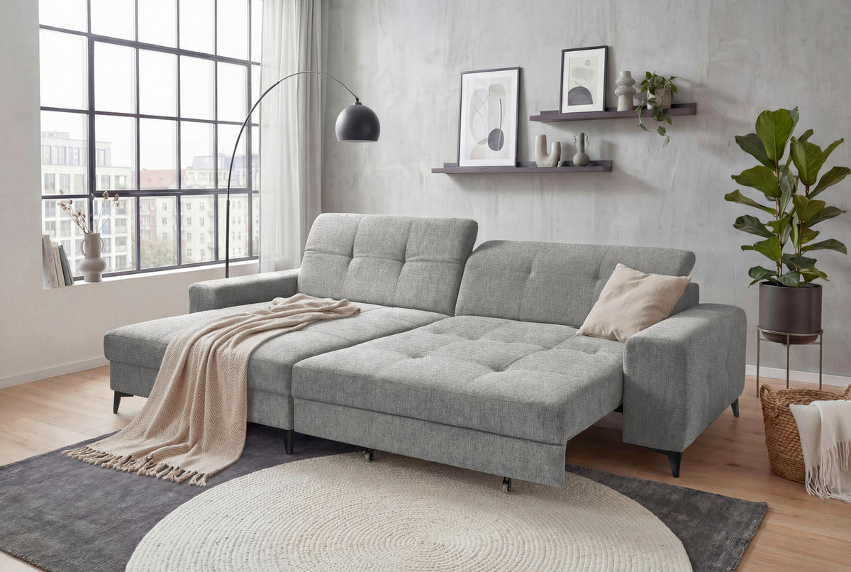 ECKSOFA Chenille Grau  - Schwarz/Grau, Design, Kunststoff/Textil (182/328cm) - MID.YOU