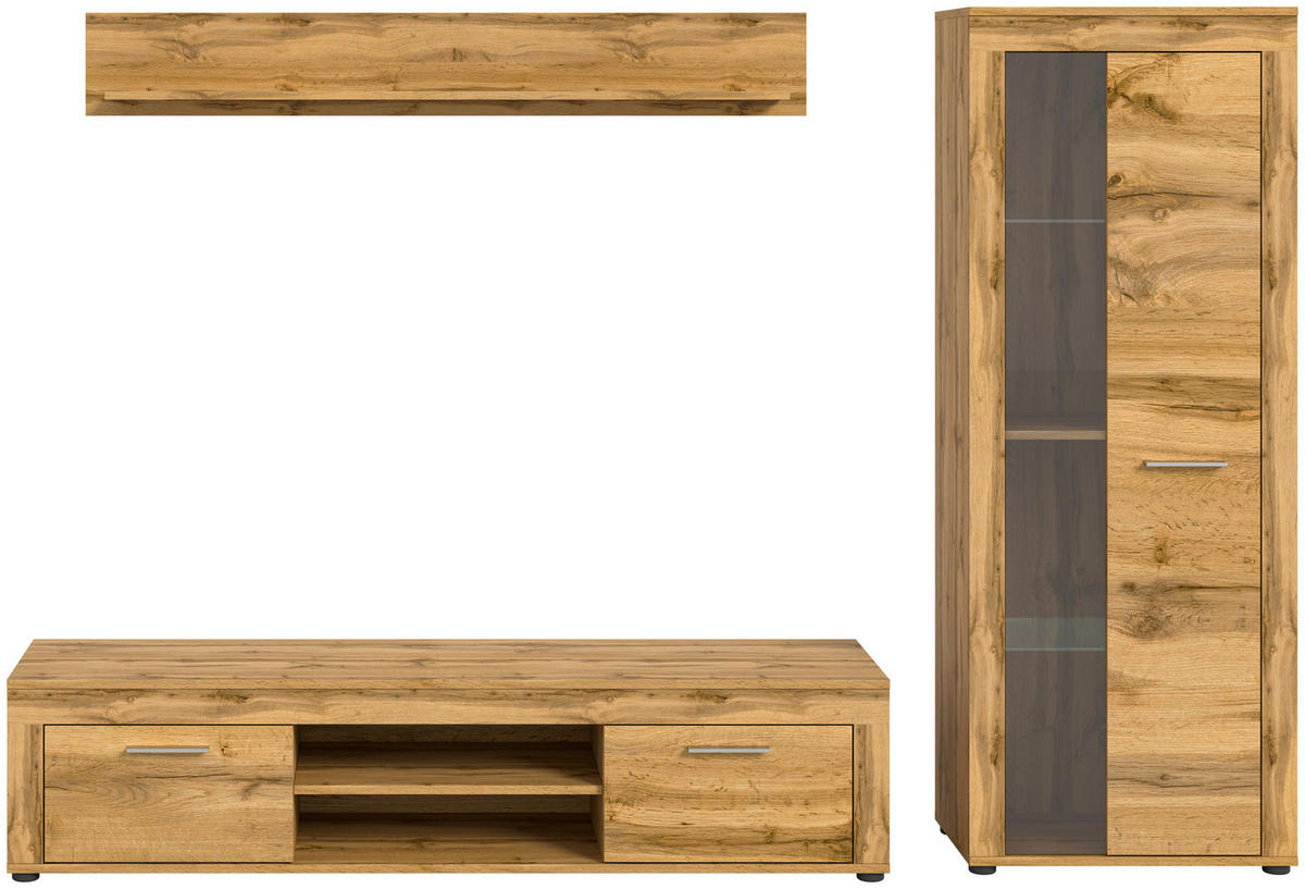 WOHNWAND 3-teilig  in Eiche Wotan  235/159/35 cm  - Eiche Wotan/Silberfarben, Design, Glas/Holzwerkstoff (235/159/35cm) - MID.YOU