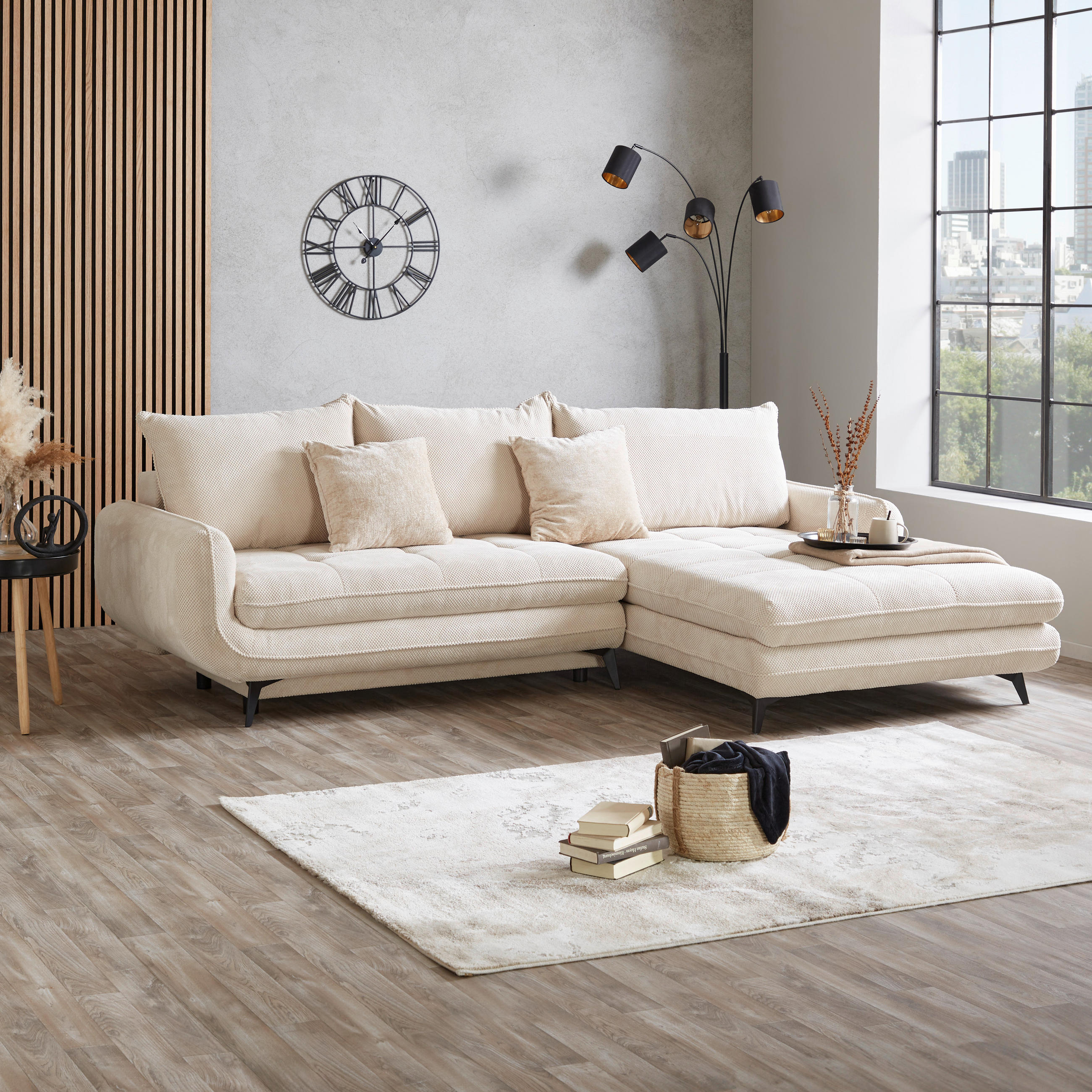 ECKSOFA WAVE Creme Struktur  - Beige/Creme, MODERN, Textil/Metall (266/189cm) - MID.YOU