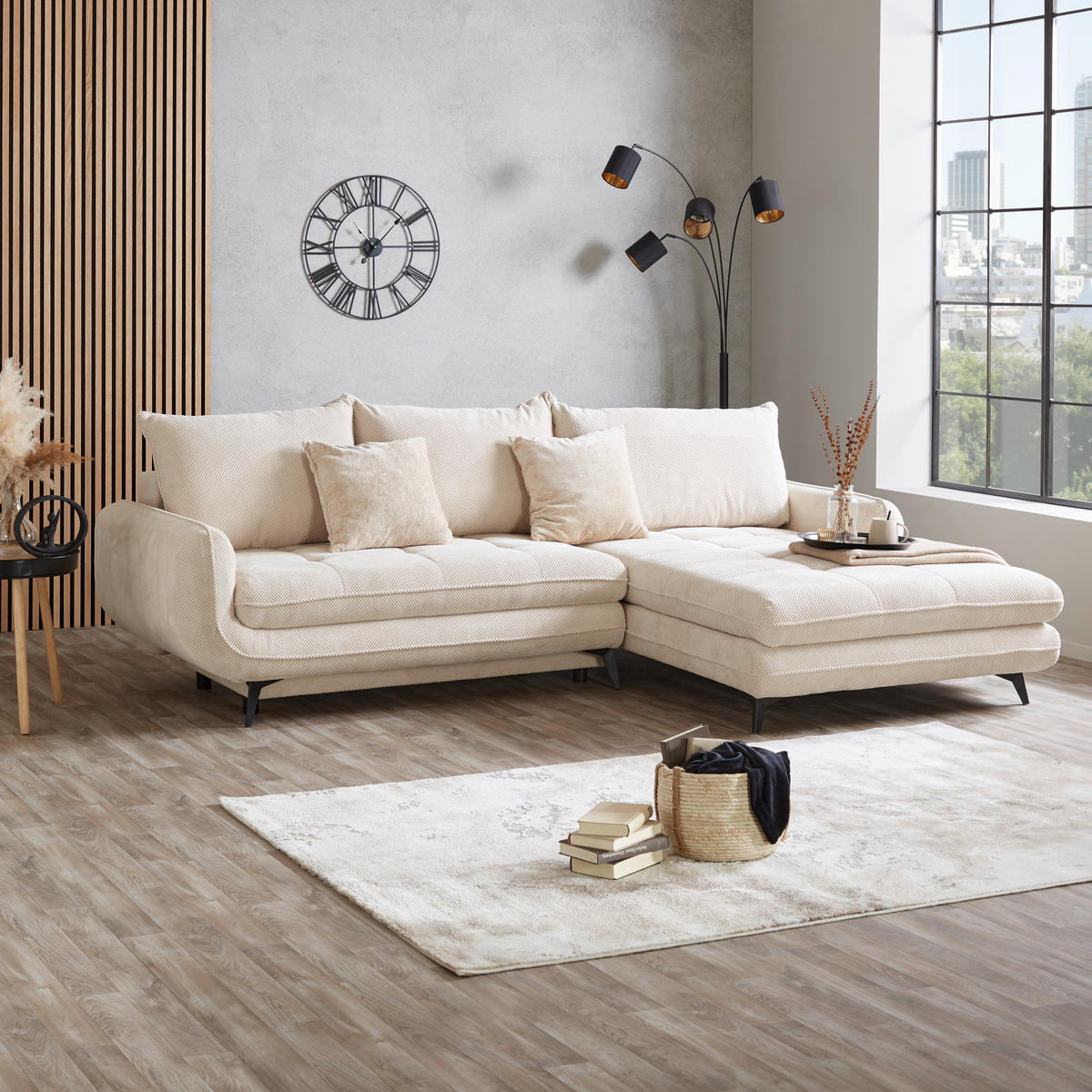ECKSOFA WAVE Creme Struktur  - Beige/Creme, MODERN, Textil/Metall (266/189cm) - MID.YOU