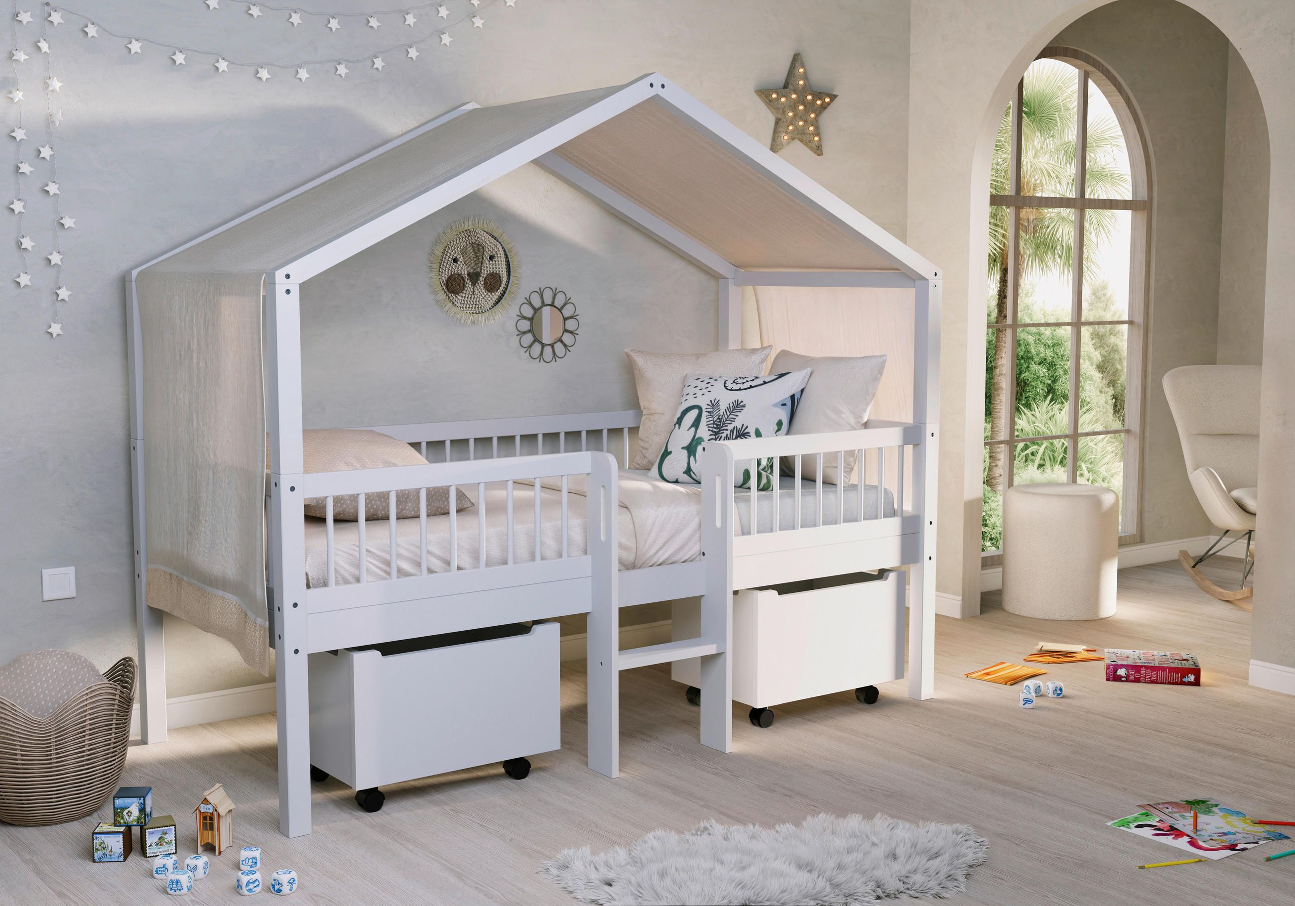 HAUSBETT Absturzsicherung, Leiter, Rollrost, Bettschublade 90/200 cm  - Naturfarben/Weiß, MODERN, Holz (90/200cm) - MID.YOU