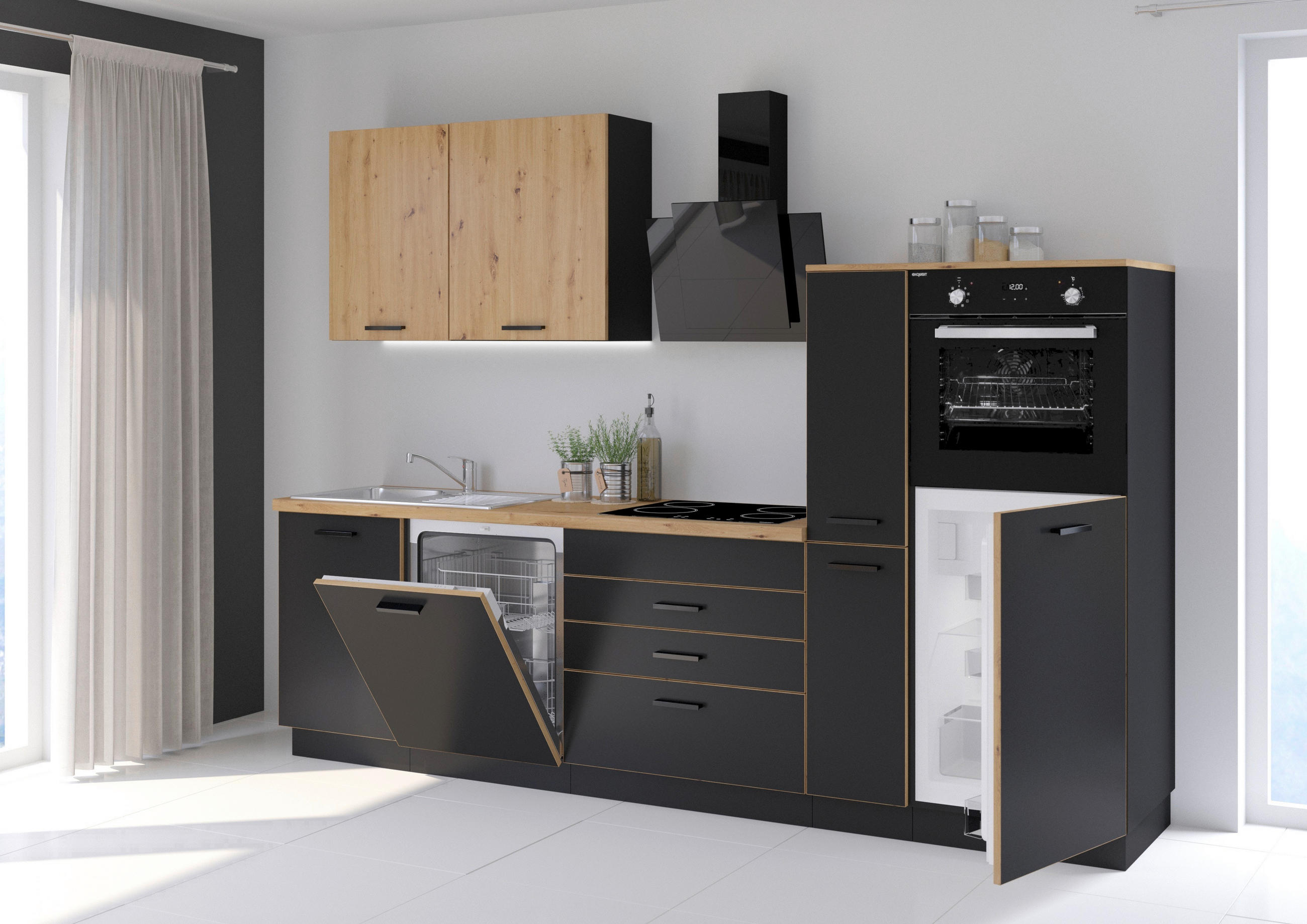 KUCHYNSKÁ LINKA BLACKY 280 - čierna/dub artisan, Design, kompozitné drevo/plast (280cm) - P & B
