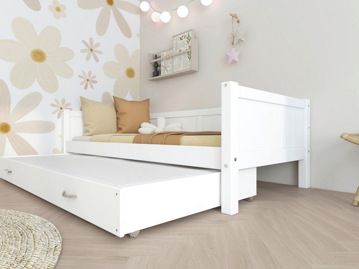 AUSZIEHBETT 90/200 cm,  in Weiß, Rollrost für Zusatzbett, Rollrost für Hauptbett  - Weiß, MODERN, Holz (90/200cm) - Chameo