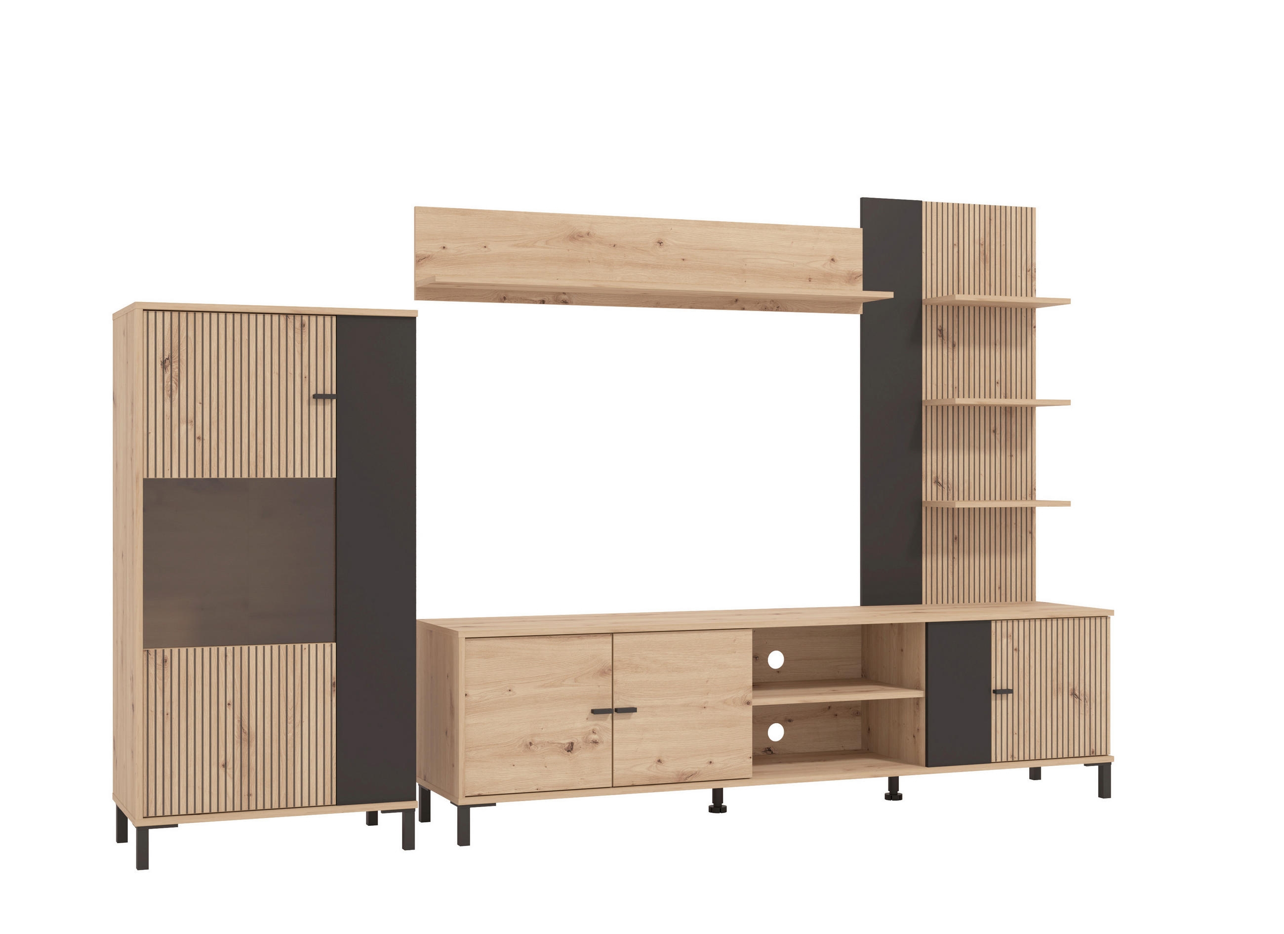 Carryhome Wohnwand Schwarz, Eiche Artisan 263x167x40 cm