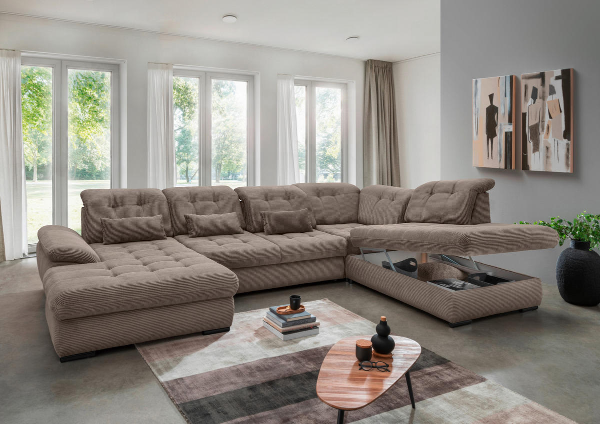 WOHNLANDSCHAFT in Cord Graubraun  - Graubraun/Schwarz, Modern, Textil/Metall (184/387/252cm) - Livetastic