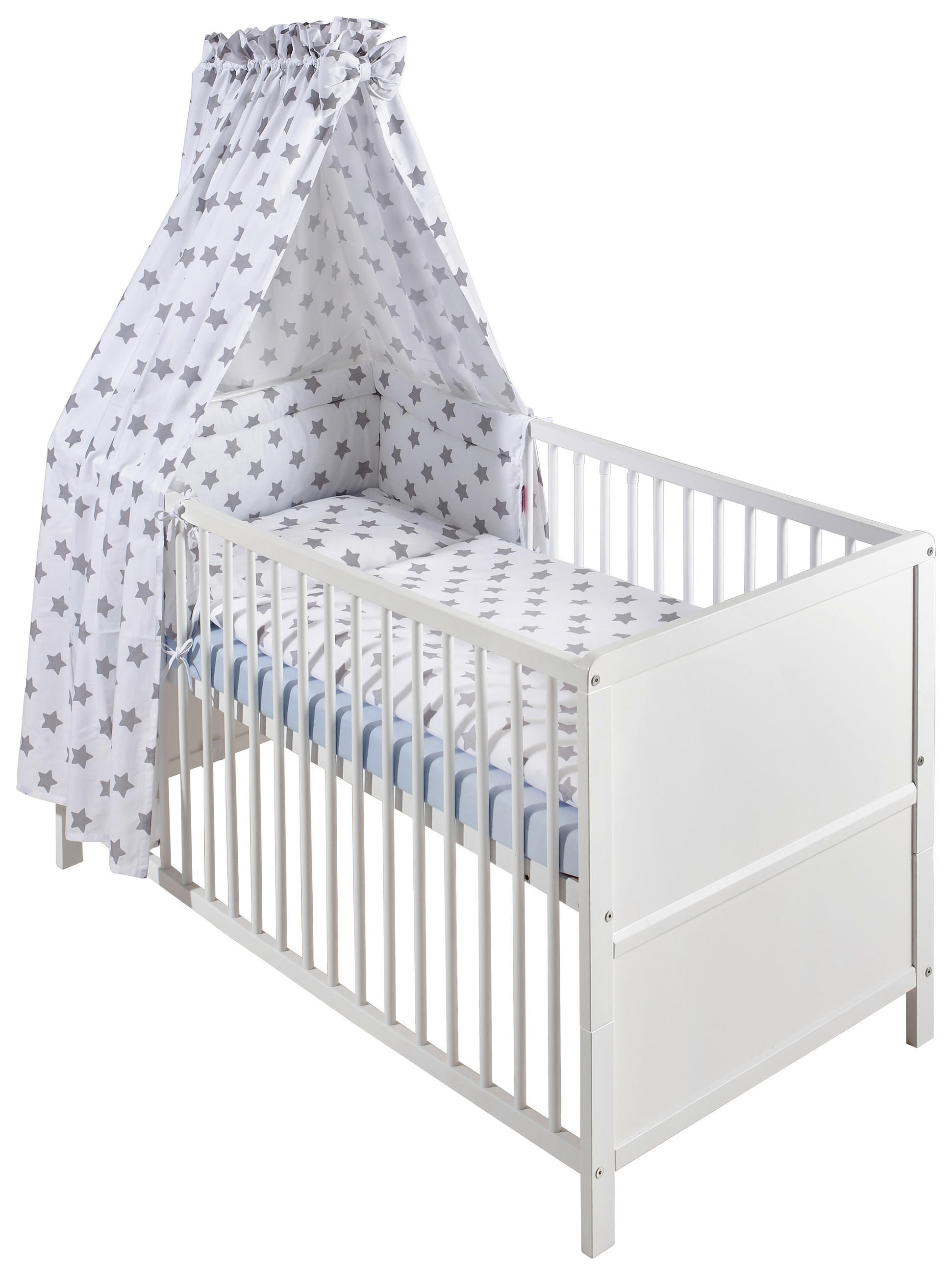 GITTERBETT-KOMPLETTSET Star 144,5/74,5/82 cm - Weiß/Grau, LIFESTYLE, Holz/Textil (144,5/74,5/82cm) - My Baby Lou
