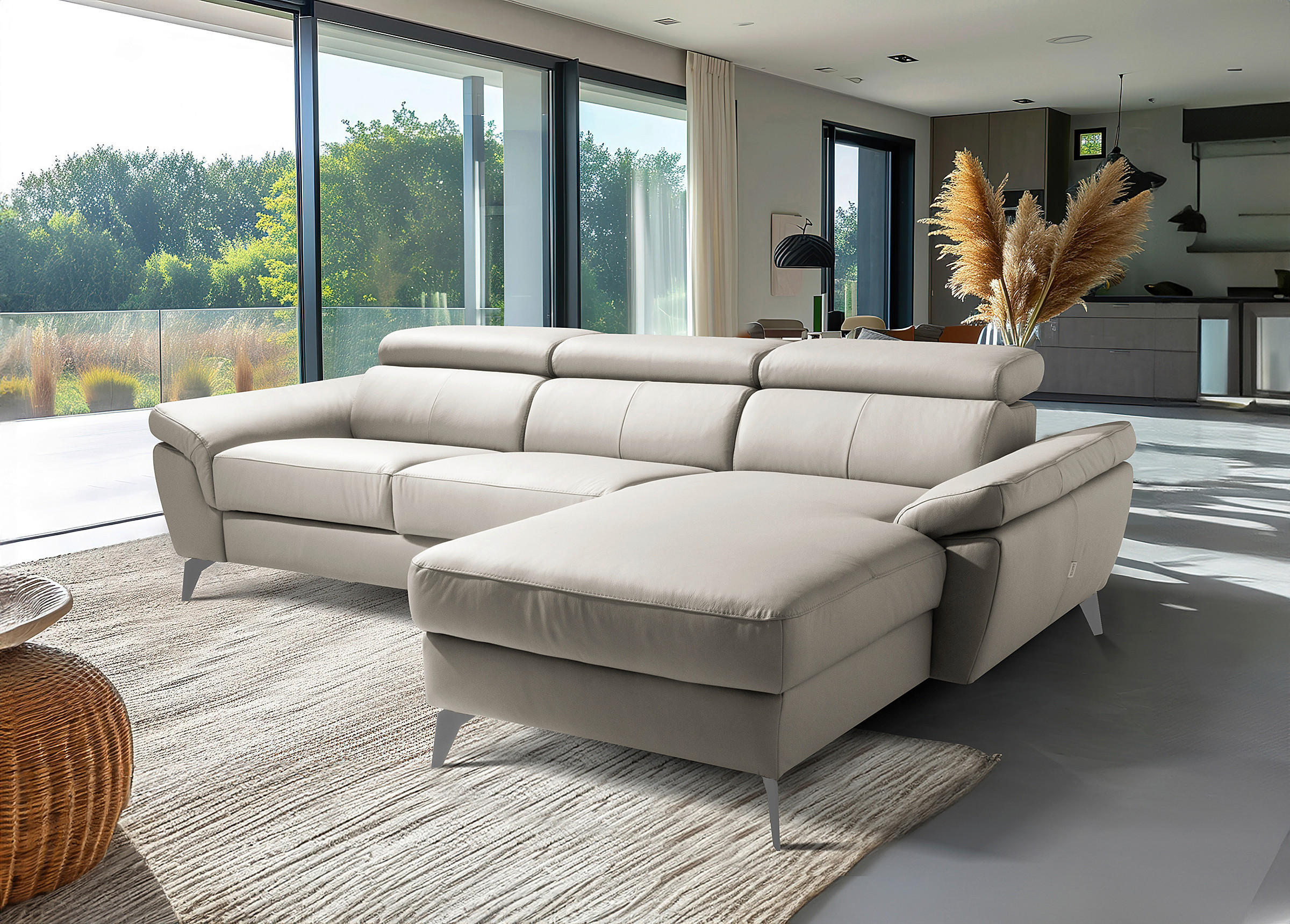 ECKSOFA Platinfarben Echtleder Lederlook Bettkasten, Schlaffunktion, Rücken echt, Armteilverstellung, Kopfteilverstellung  - Platinfarben/Chromfarben, Design, Leder/Textil (252/179cm) - Livetastic