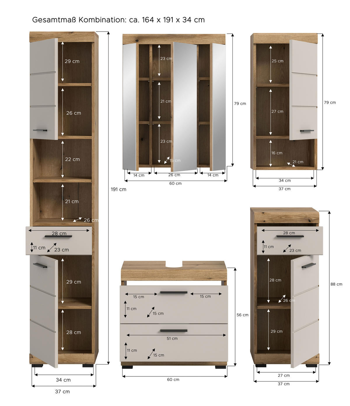 BADEZIMMER 5-teilig  in 134 cm  - Kaschmir/Schwarz, MODERN, Glas/Holzwerkstoff (134cm) - MID.YOU