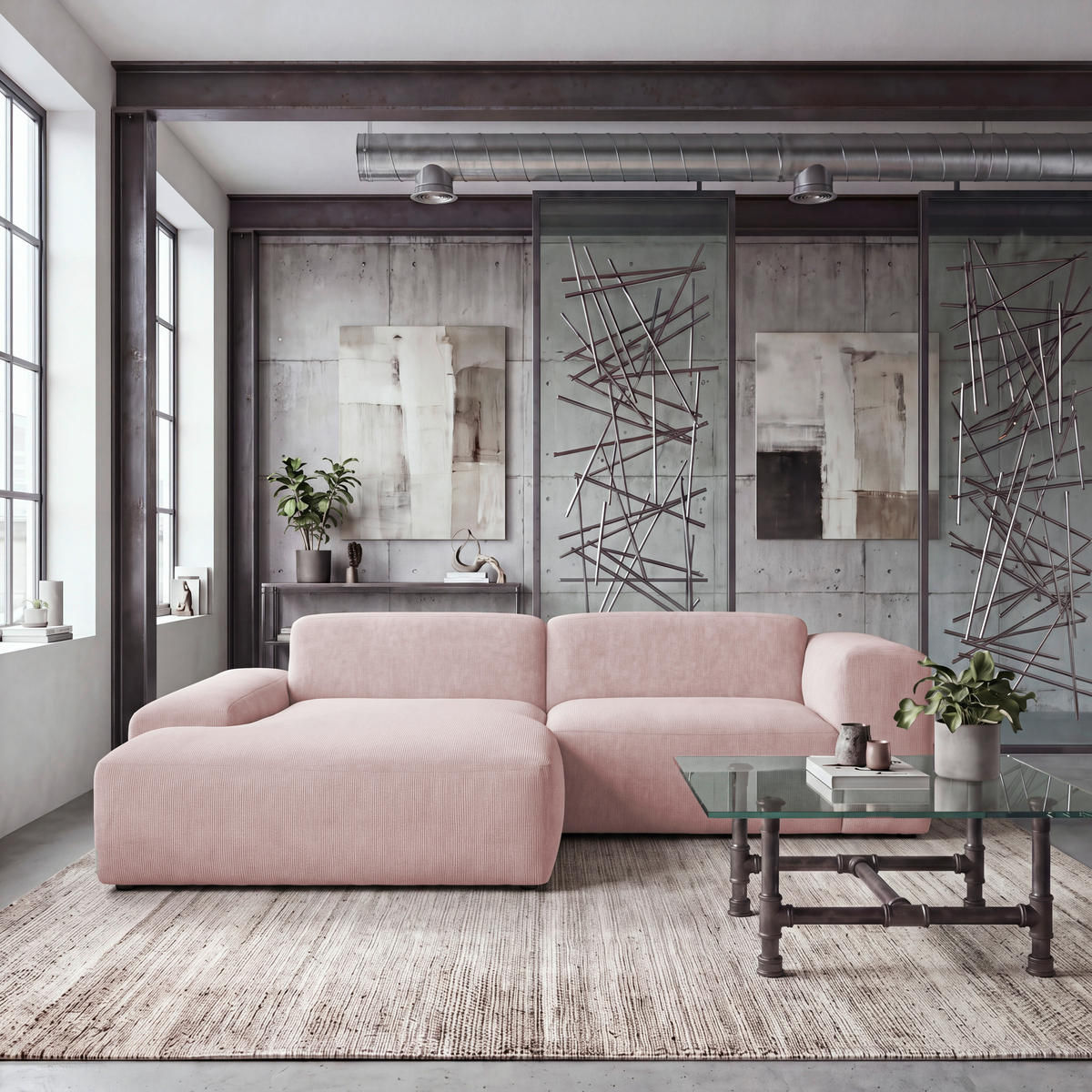 ECKSOFA 170/252 cm HANNAH in Cord Rosa  170/252 cm  - Schwarz/Rosa, Design, Kunststoff/Textil (170/252cm) - MID.YOU
