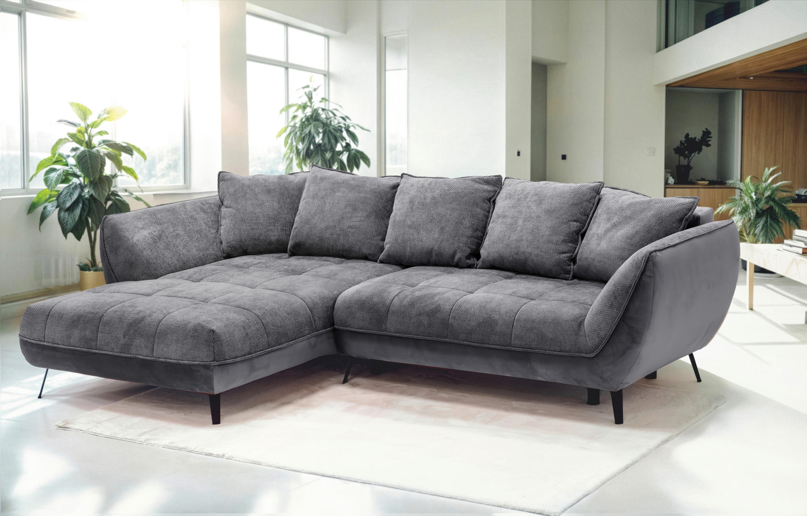 ECKSOFA in Struktur Graphitfarben, Grau  - Graphitfarben/Schwarz, Design, Textil/Metall (187/282cm) - Livetastic