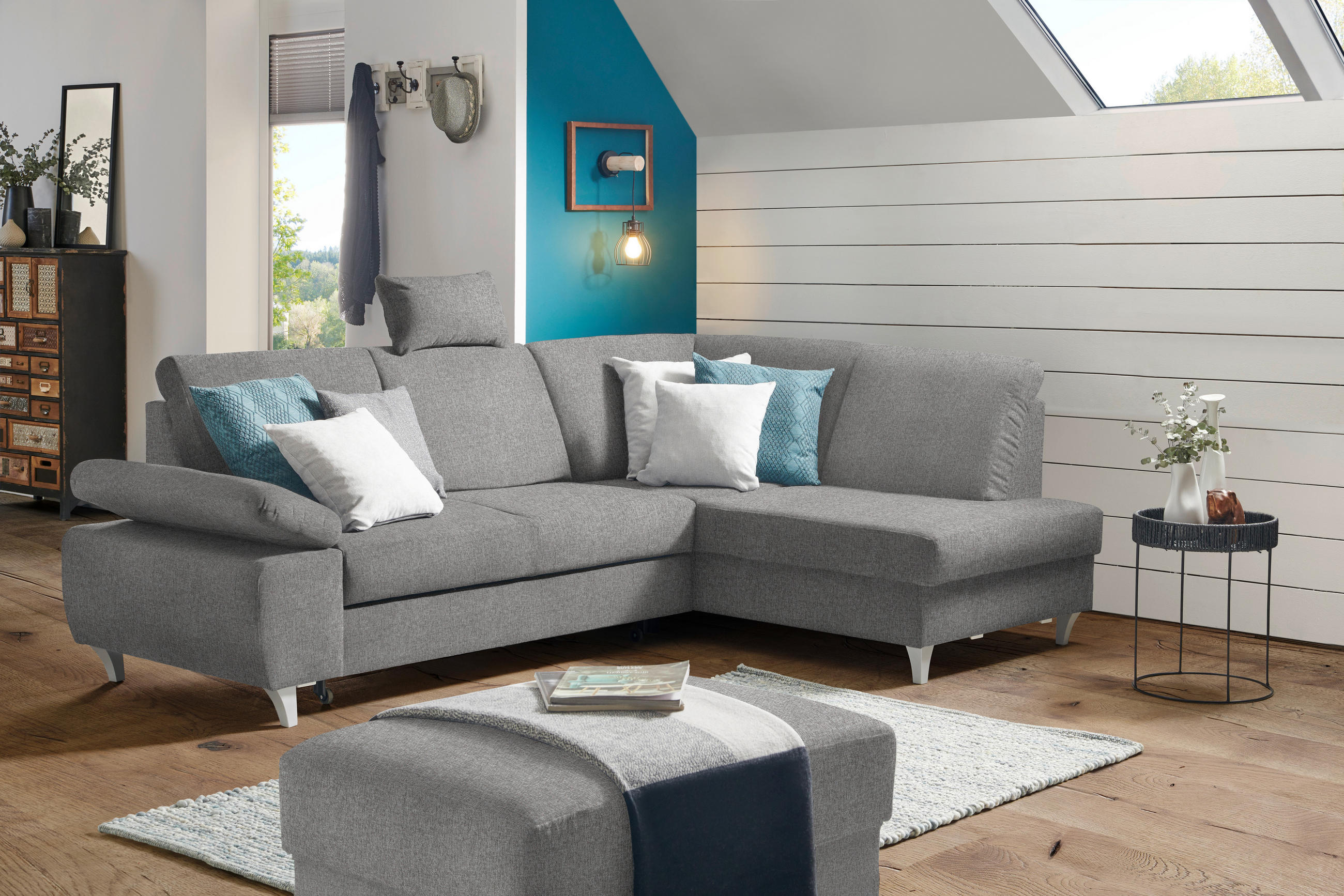 ECKSOFA in Flachgewebe Grau  - Silberfarben/Grau, Konventionell, Holz/Textil (255/186cm) - Cantus