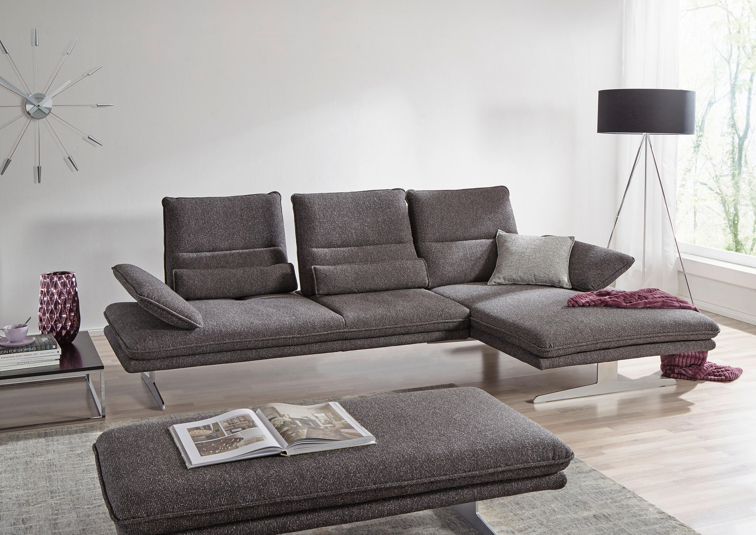 ECKSOFA Grau Webstoff - Edelstahlfarben/Grau, Design, Textil/Metall (291/164cm) - Chilliano