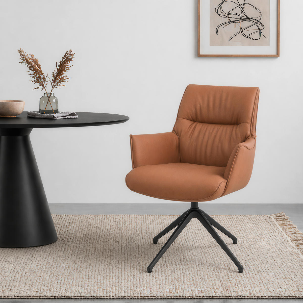 ARMLEHNSTUHL  Wippfunktion, Sitzfläche 360° drehbar, automatische Rückholfunktion  Echtleder  Schwarz, Cognac  - Cognac/Schwarz, Design, Leder/Metall (65/92/67,5cm) - Novel