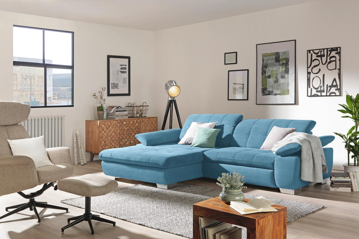 ECKSOFA in Mikrofaser Pastellblau  180/265 cm  - Chromfarben/Pastellblau, Design, Textil/Metall (180/265cm) - Carryhome