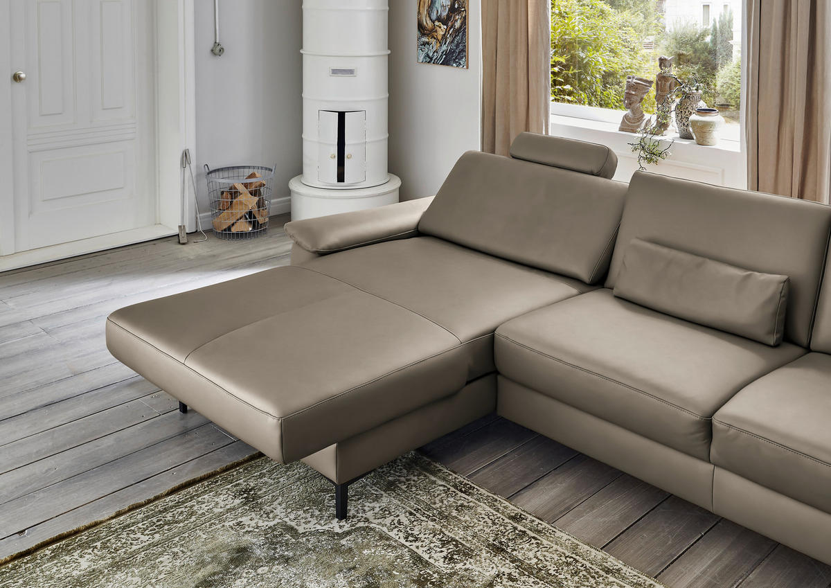 ECKSOFA in Echtleder Graubraun  - Graubraun/Schwarz, Design, Leder/Metall (176/334cm) - Dieter Knoll