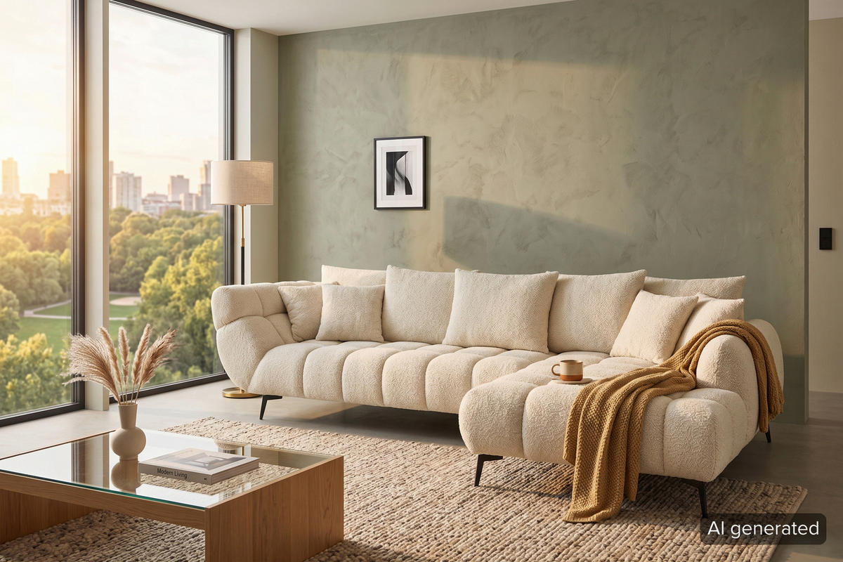 ECKSOFA 318/217 cm  in Bouclé Naturfarben Zierkissen, Rückenkissen, Rücken echt  318/217 cm  - Schwarz/Naturfarben, MODERN, Textil/Metall (318/217cm) - Carryhome