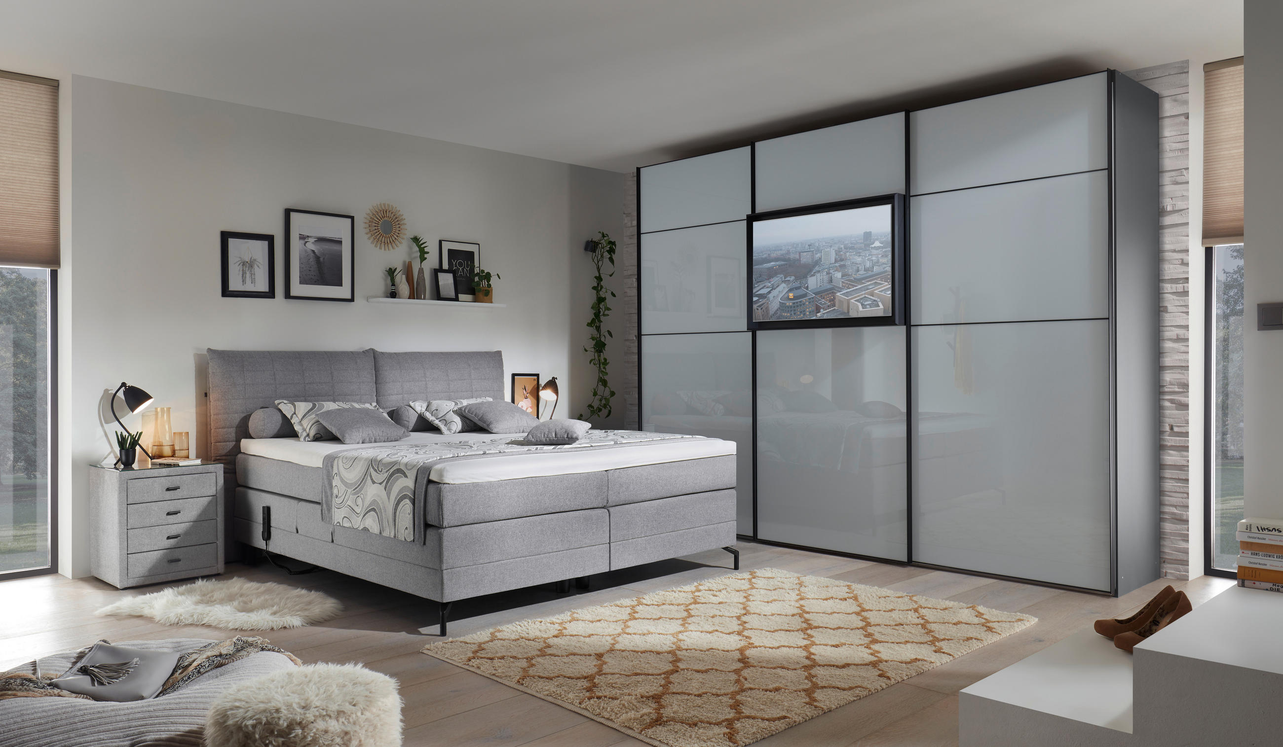 BOXSPRINGBETT 180/200 cm  in Hellgrau  - Hellgrau/Schwarz, KONVENTIONELL, Textil/Metall (180/200cm) - Esposa
