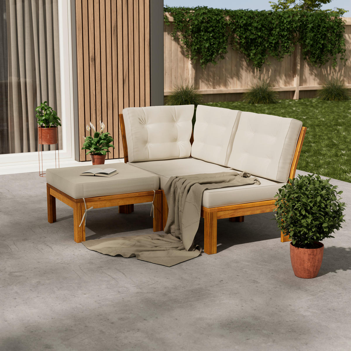 LOUNGEGARNITUR Akazie vollmassiv  - Beige/Akaziefarben, MODERN, Holz/Textil - Ambia Garden