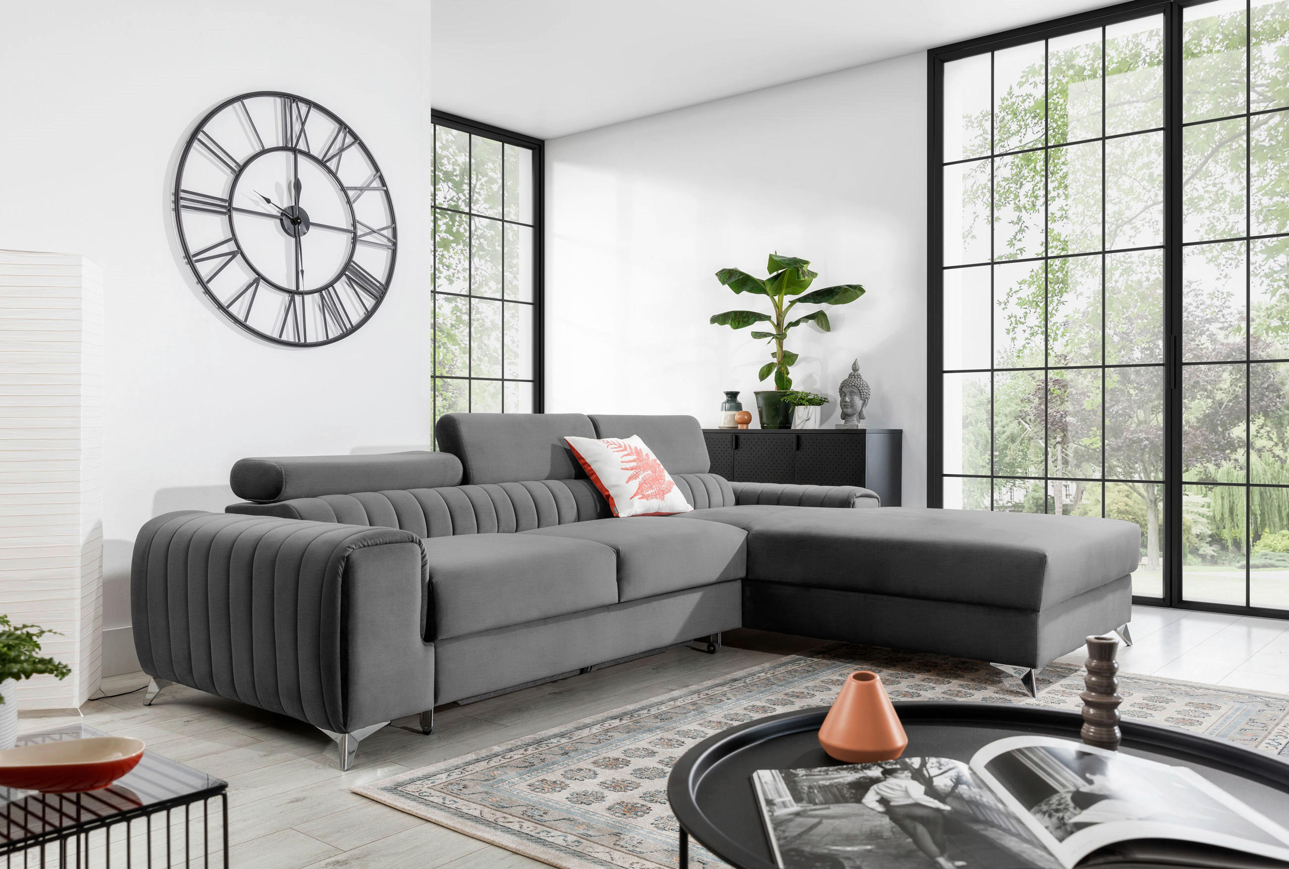 ECKSOFA  Grau Samt  - Silberfarben/Grau, Design, Textil/Metall (278/205cm) - MID.YOU