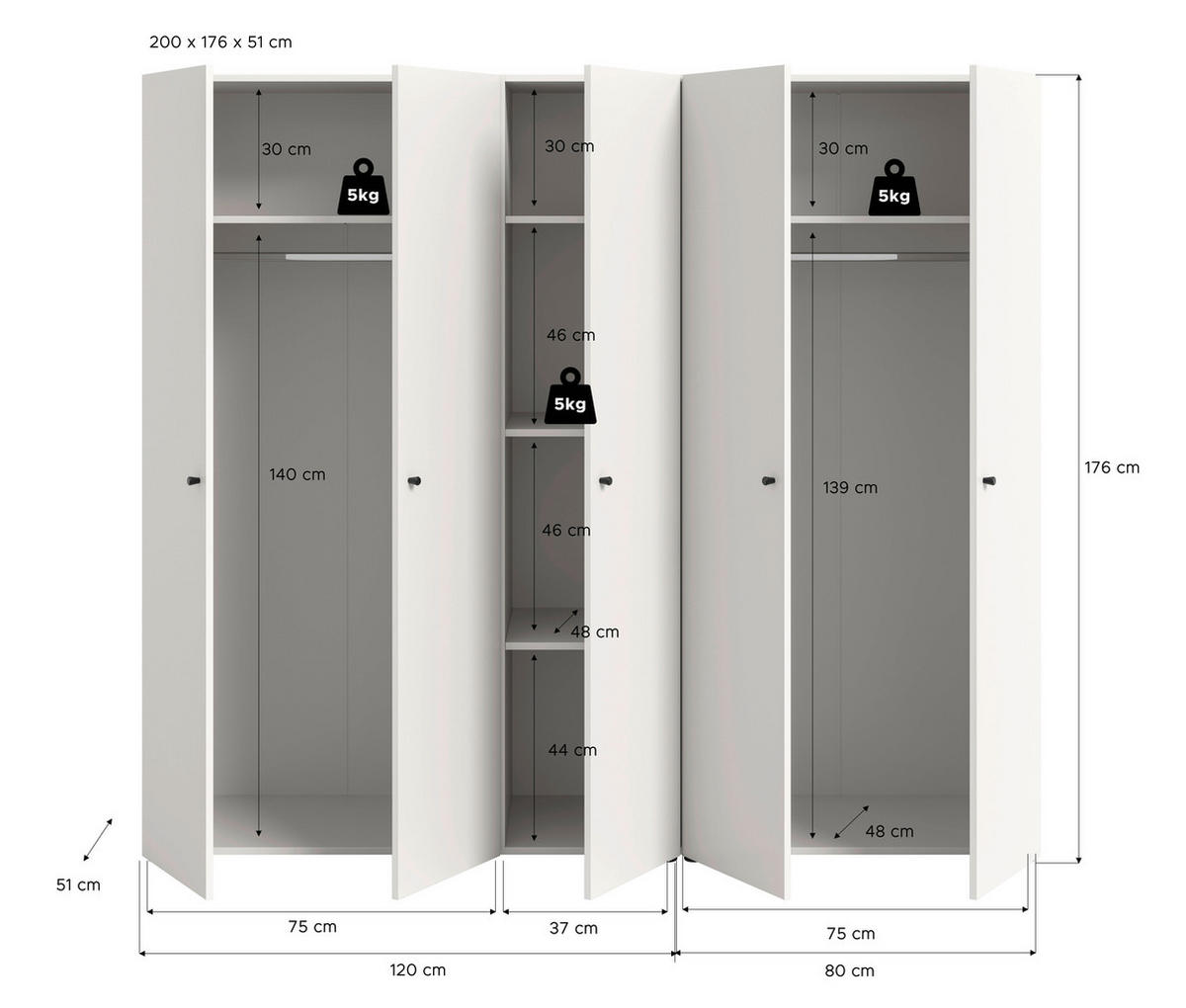 DREHTÜRENSCHRANK 200/176/51 cm,  in Weiß, 5-türig  - Schwarz/Weiß, MODERN, Holzwerkstoff/Kunststoff (200/176/51cm) - MID.YOU
