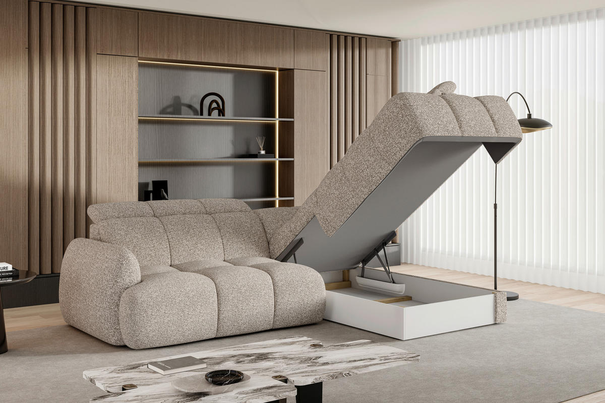ECKSOFA Beige Webstoff Bettkasten, Schlaffunktion, Rücken echt, Kopfteilverstellung, Sitzvorzug  - Beige/Schwarz, Design, Kunststoff/Textil (275/230cm) - Welnova