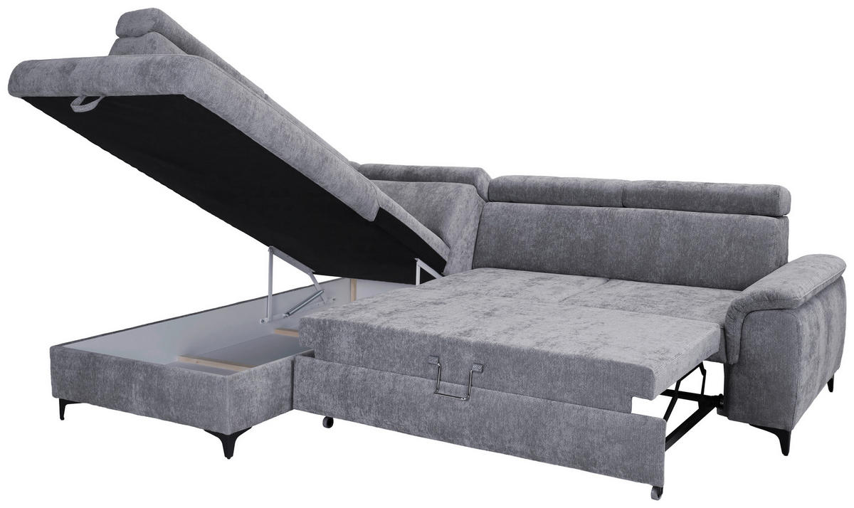 ECKSOFA Hellgrau Chenille Bettkasten, Schlaffunktion, Rücken echt, Kopfteilverstellung, Liegefläche im Originalstoff  - Hellgrau/Schwarz, KONVENTIONELL, Textil/Metall (206/265cm) - Carryhome