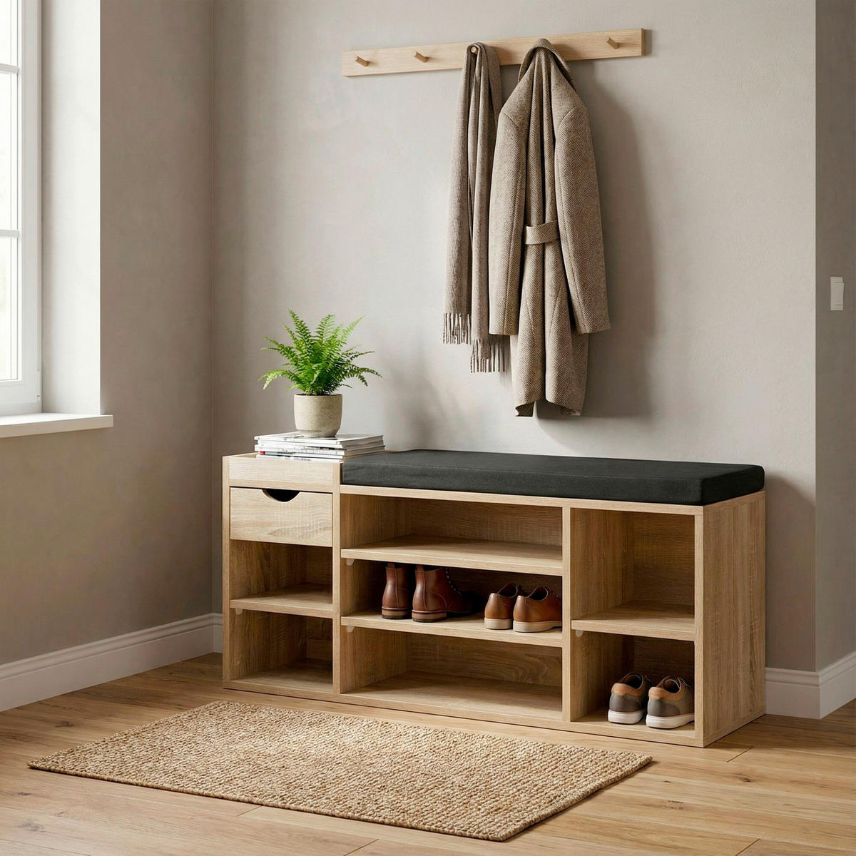 SCHUHBANK 100/45/30 cm  - Schwarz/Sonoma Eiche, Design, Holzwerkstoff/Textil (100/45/30cm) - Livetastic