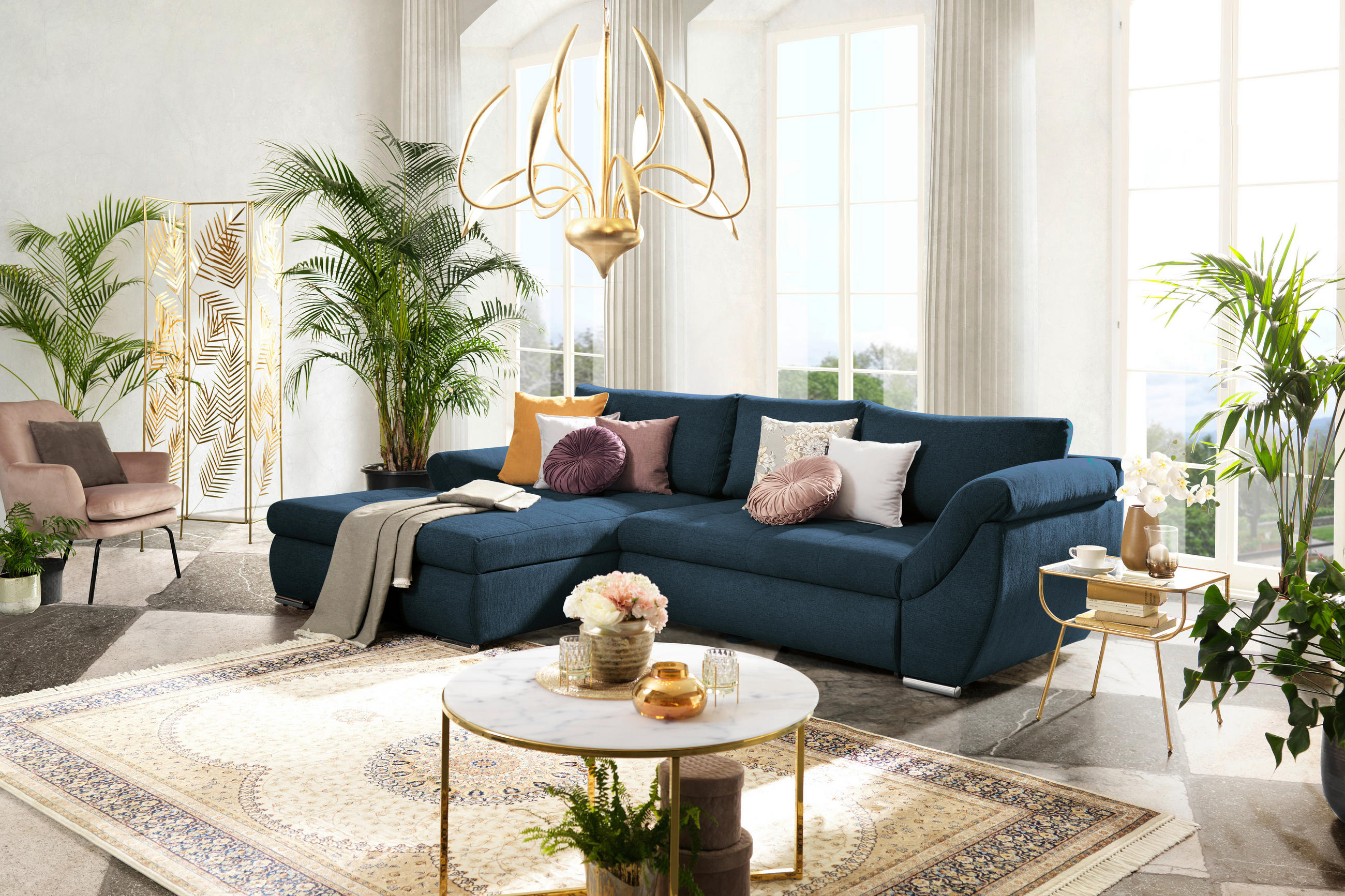 ECKSOFA in Flachgewebe Dunkelblau  - Silberfarben/Dunkelblau, Design, Textil/Metall (174/306cm) - MID.YOU